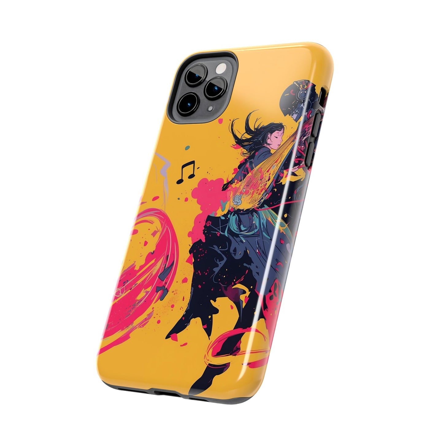 Japan designed music warrior phone case dynamic art perfect kids gift vivid yellow background cool splatter effects anime warrior vibrant musical notes colorful creative phone cover ideal for young music fans