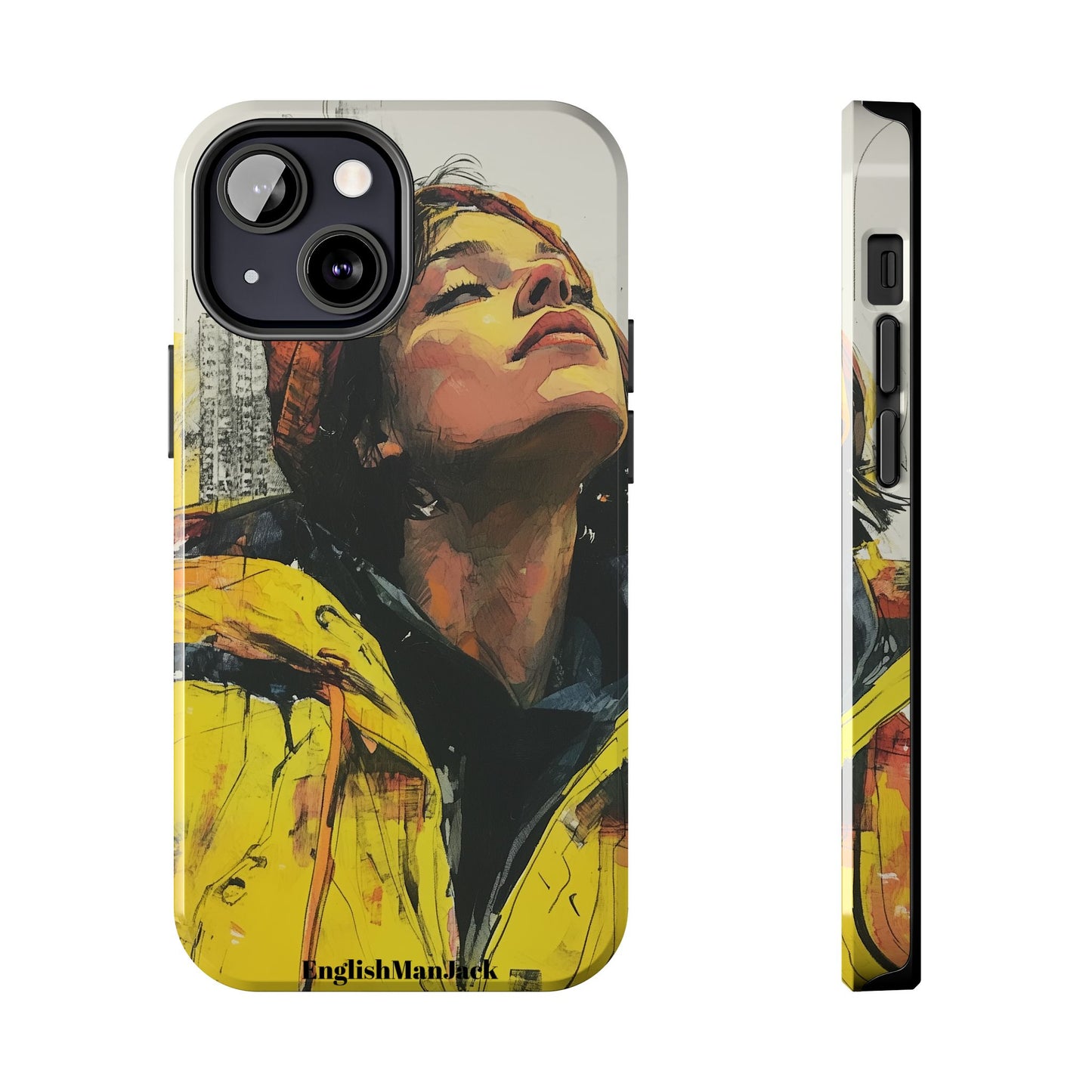 Urban style phone case young dreamer design perfect youth gift vibrant yellow jacket artistic city background inspirational street art cover modern urban explorer great for young adults trendy city life phone case emotional portrait cover