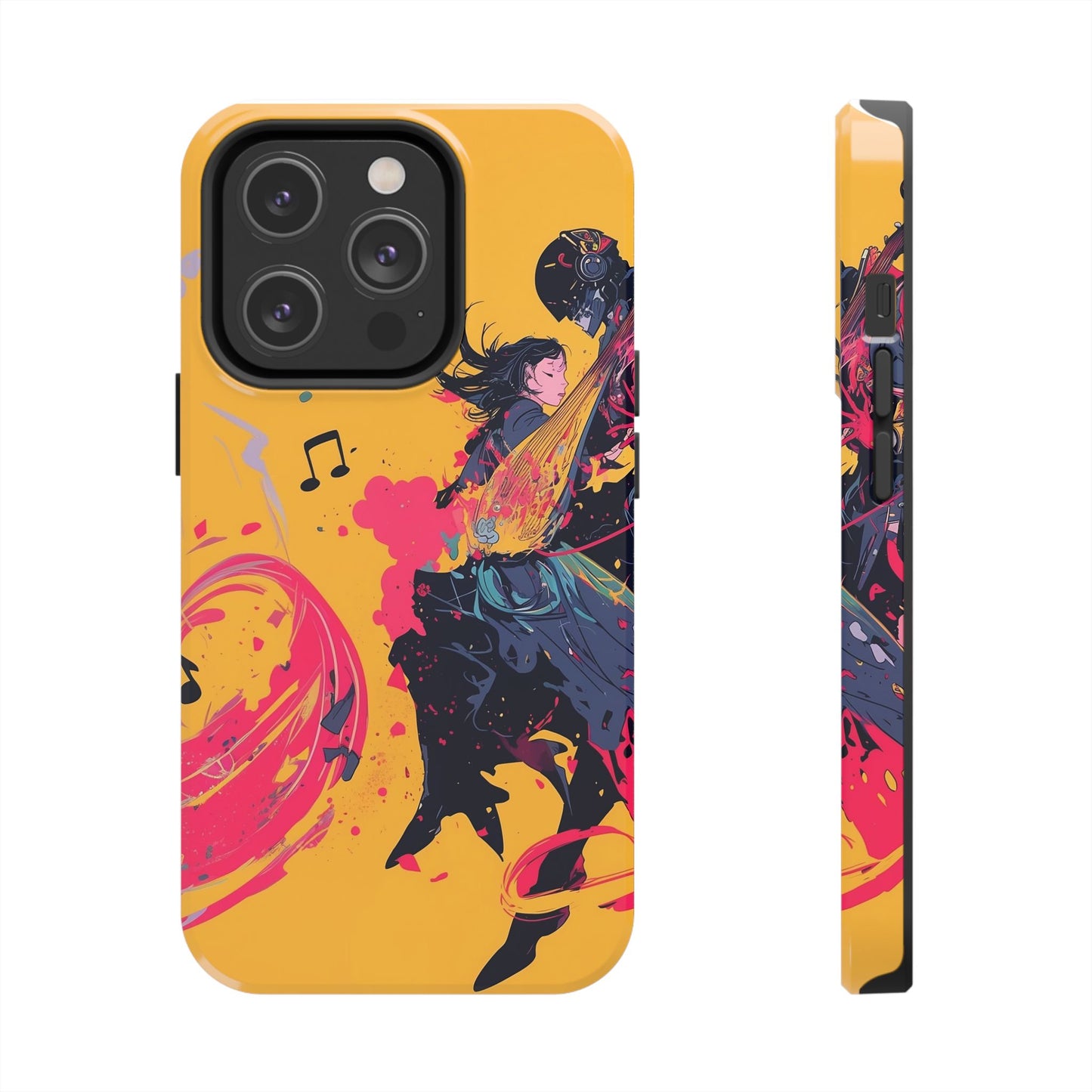 Japan designed music warrior phone case dynamic art perfect kids gift vivid yellow background cool splatter effects anime warrior vibrant musical notes colorful creative phone cover ideal for young music fans