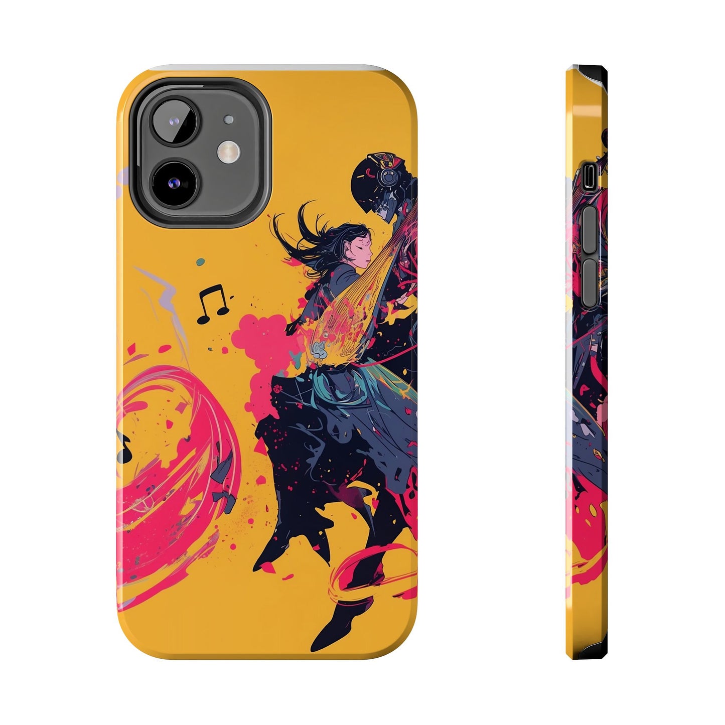 Japan designed music warrior phone case dynamic art perfect kids gift vivid yellow background cool splatter effects anime warrior vibrant musical notes colorful creative phone cover ideal for young music fans