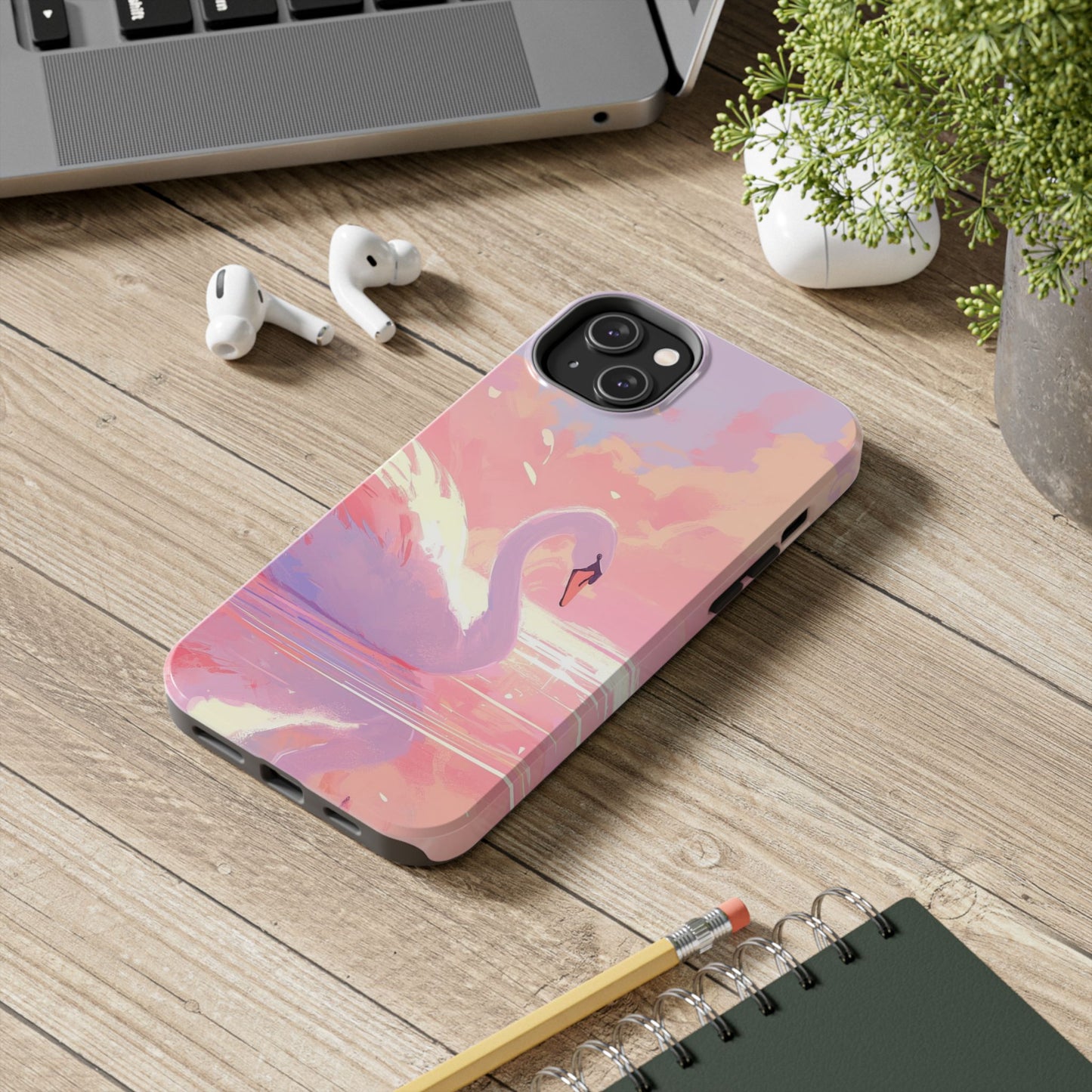 Swan lake phone case perfect kids gift pink swan art dreamy water scene cool animal cover vibrant easy fit colorful swan design smooth reflection unique protector peaceful lake image perfect children's gift vibrant art cover gift for kids easy phone case