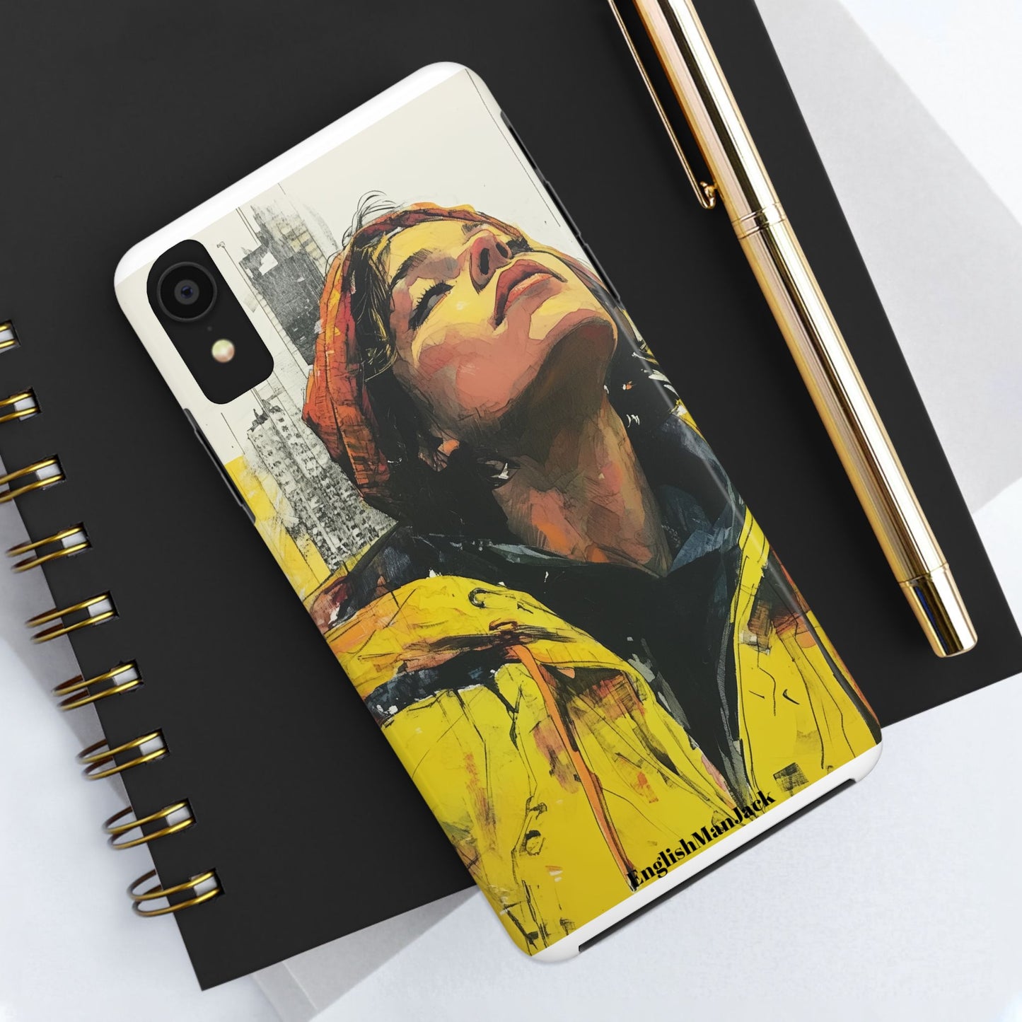 Urban style phone case young dreamer design perfect youth gift vibrant yellow jacket artistic city background inspirational street art cover modern urban explorer great for young adults trendy city life phone case emotional portrait cover