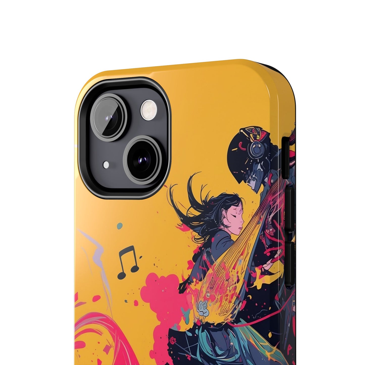 Japan designed music warrior phone case dynamic art perfect kids gift vivid yellow background cool splatter effects anime warrior vibrant musical notes colorful creative phone cover ideal for young music fans