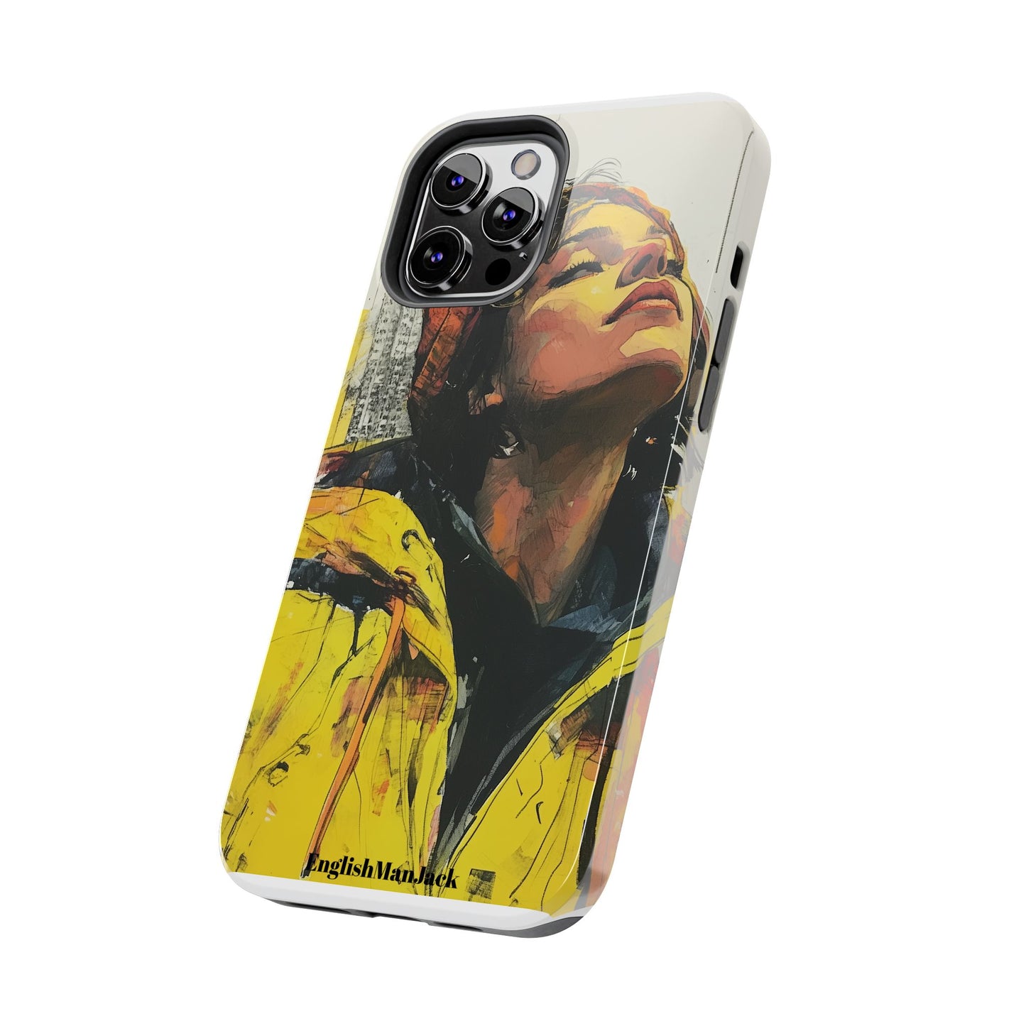 Urban style phone case young dreamer design perfect youth gift vibrant yellow jacket artistic city background inspirational street art cover modern urban explorer great for young adults trendy city life phone case emotional portrait cover