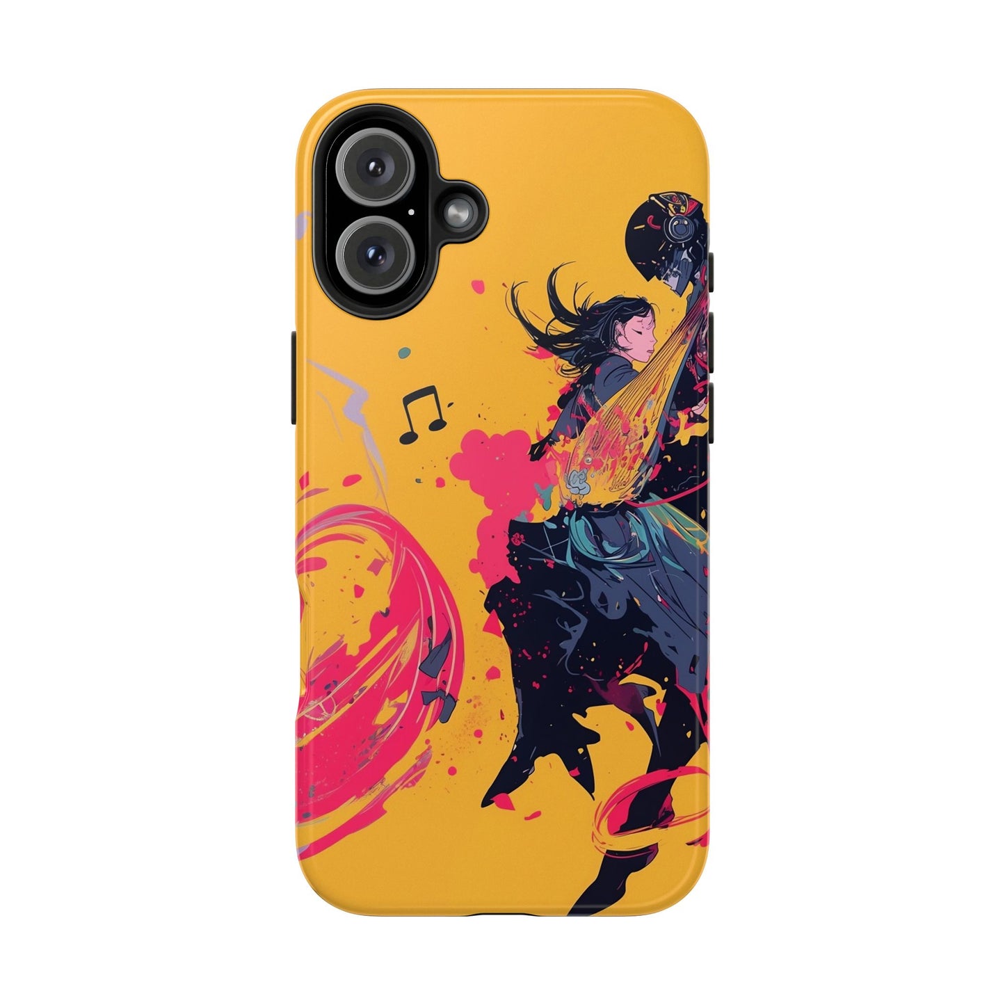 Japan designed music warrior phone case dynamic art perfect kids gift vivid yellow background cool splatter effects anime warrior vibrant musical notes colorful creative phone cover ideal for young music fans