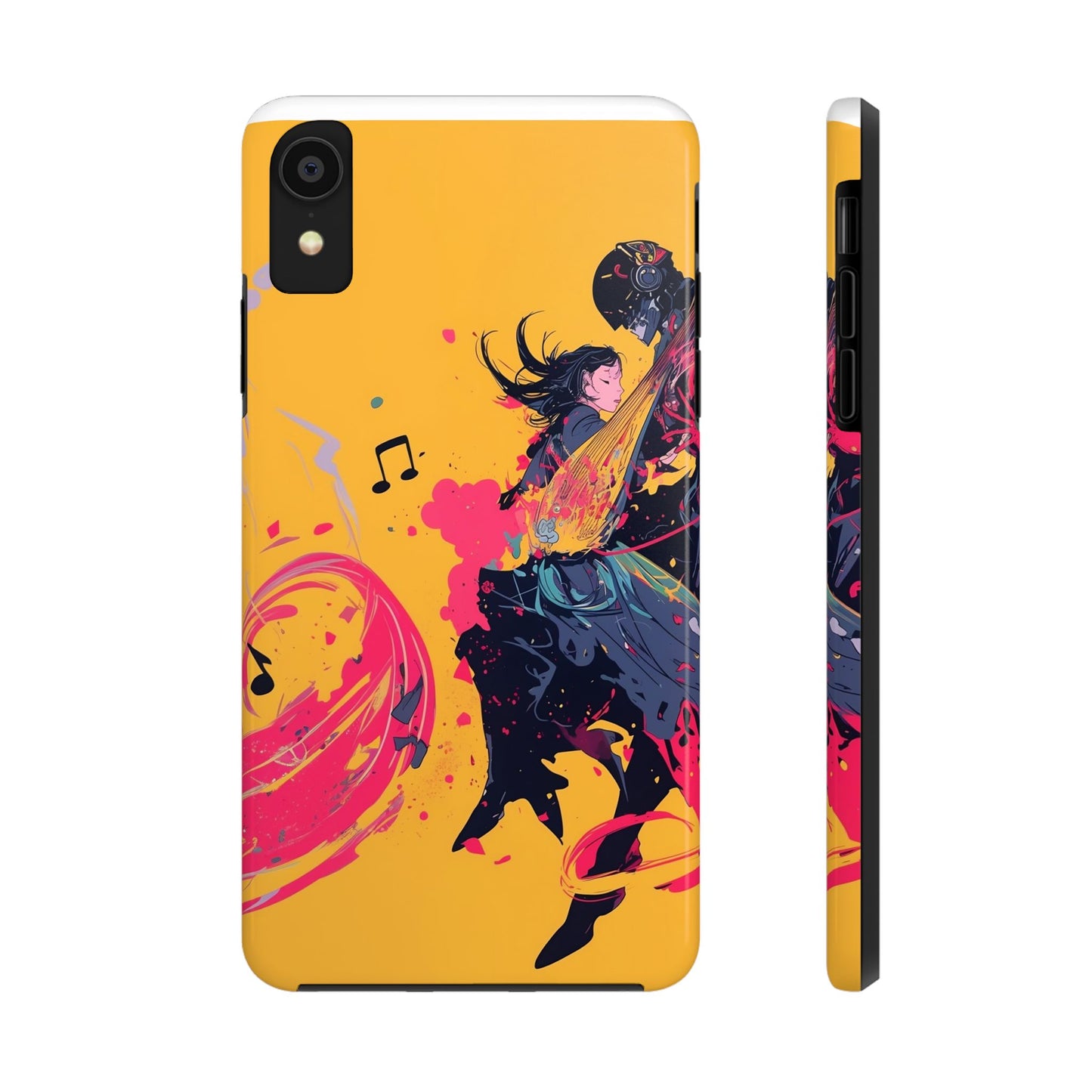 Japan designed music warrior phone case dynamic art perfect kids gift vivid yellow background cool splatter effects anime warrior vibrant musical notes colorful creative phone cover ideal for young music fans