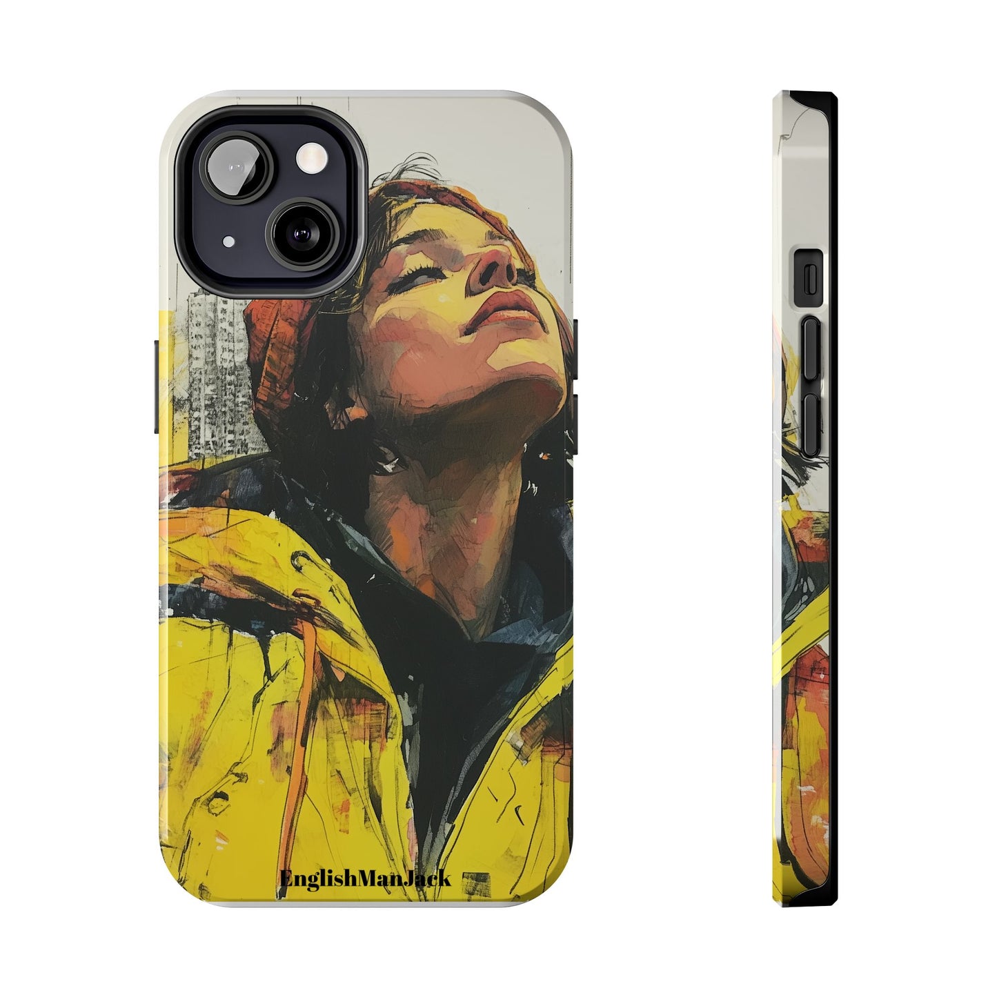 Urban style phone case young dreamer design perfect youth gift vibrant yellow jacket artistic city background inspirational street art cover modern urban explorer great for young adults trendy city life phone case emotional portrait cover