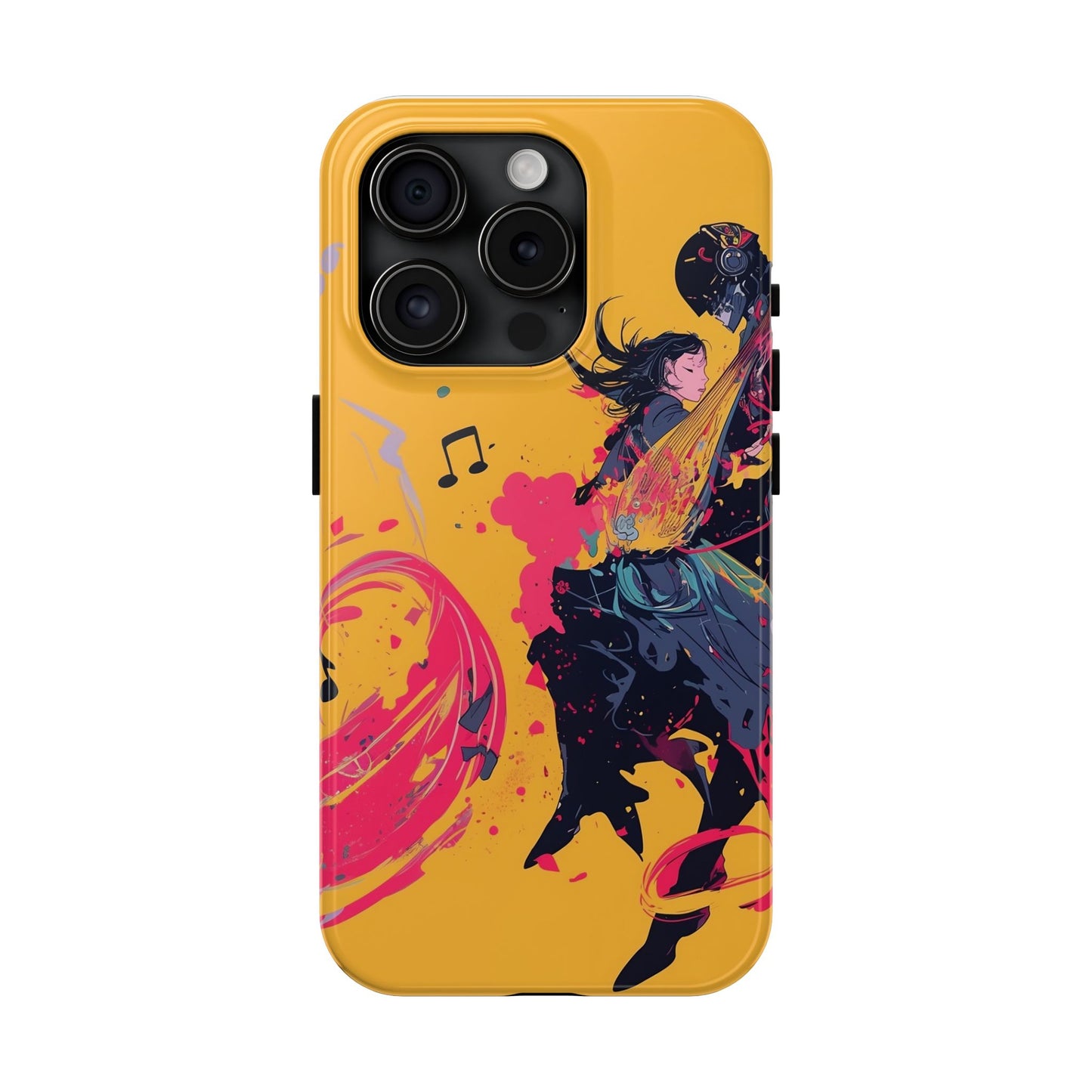 Japan designed music warrior phone case dynamic art perfect kids gift vivid yellow background cool splatter effects anime warrior vibrant musical notes colorful creative phone cover ideal for young music fans