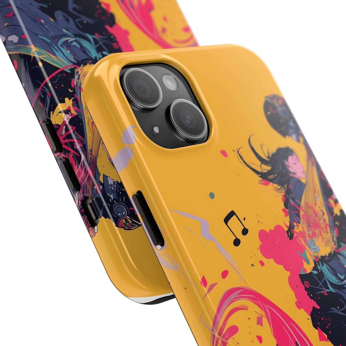 Japan designed music warrior phone case dynamic art perfect kids gift vivid yellow background cool splatter effects anime warrior vibrant musical notes colorful creative phone cover ideal for young music fans