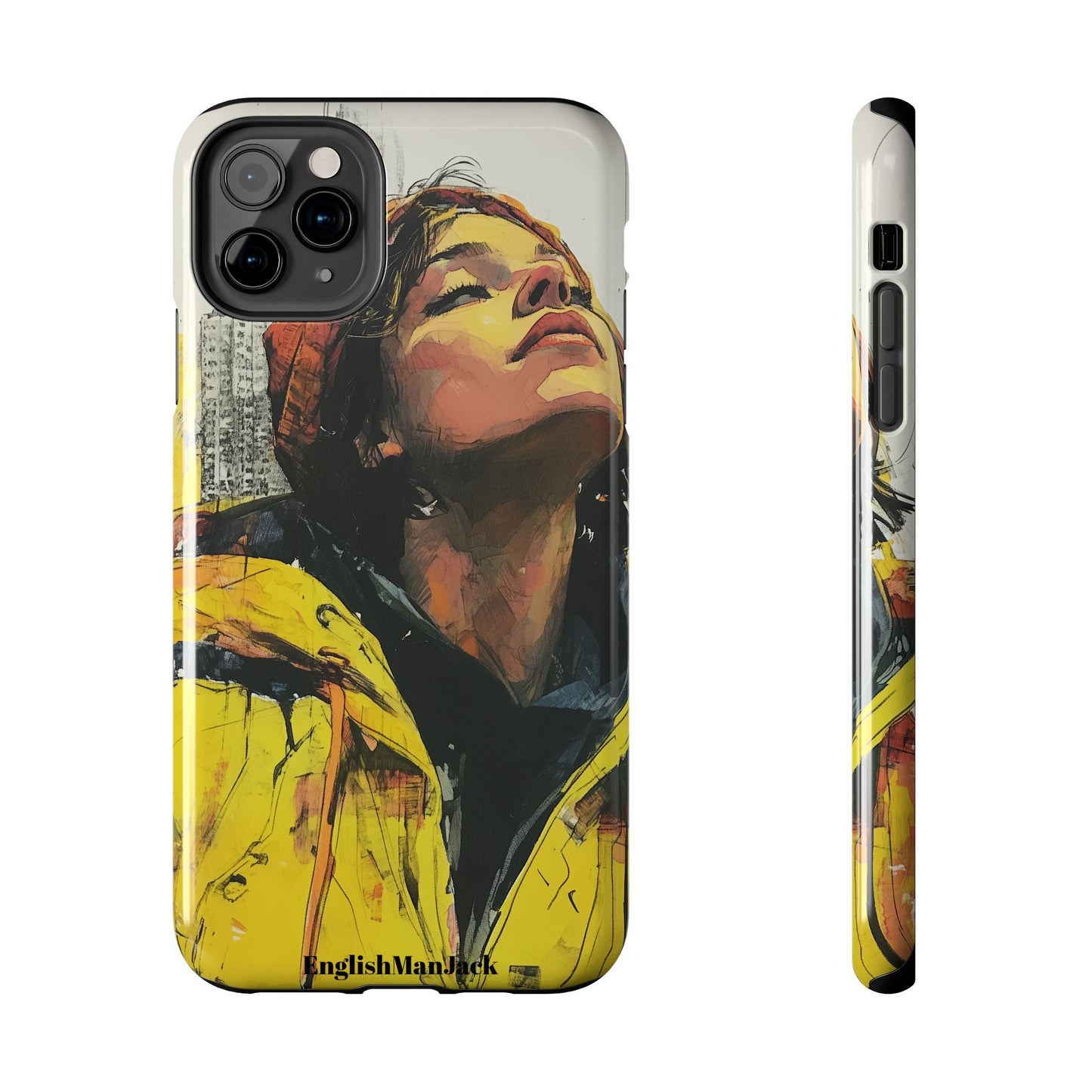 Urban style phone case young dreamer design perfect youth gift vibrant yellow jacket artistic city background inspirational street art cover modern urban explorer great for young adults trendy city life phone case emotional portrait cover