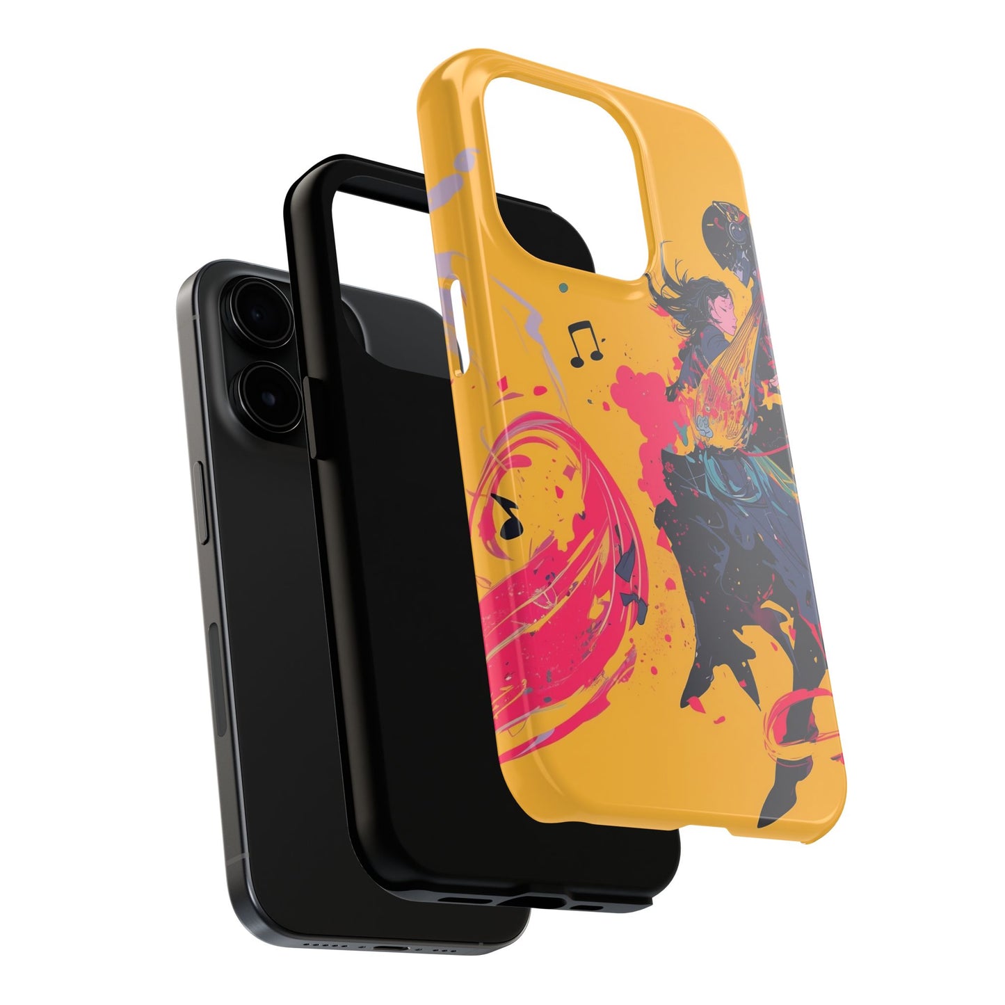 Japan designed music warrior phone case dynamic art perfect kids gift vivid yellow background cool splatter effects anime warrior vibrant musical notes colorful creative phone cover ideal for young music fans