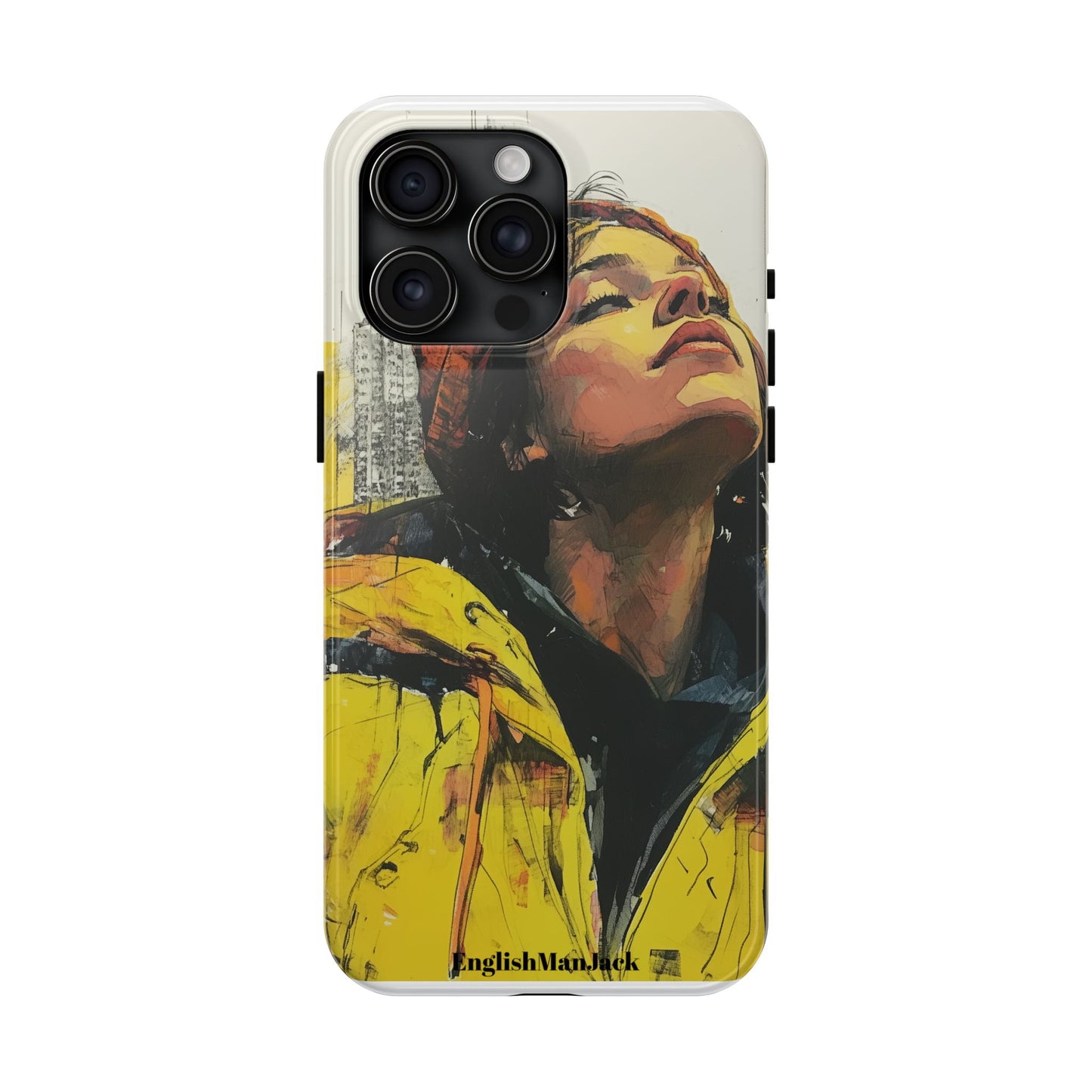 Urban style phone case young dreamer design perfect youth gift vibrant yellow jacket artistic city background inspirational street art cover modern urban explorer great for young adults trendy city life phone case emotional portrait cover