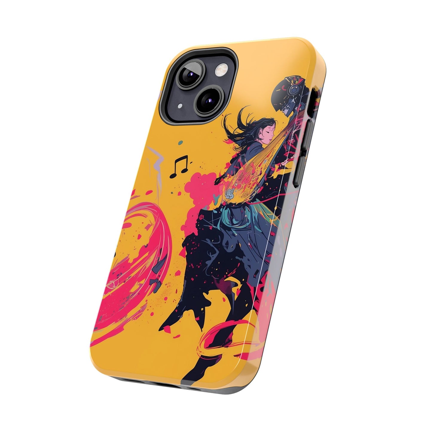 Japan designed music warrior phone case dynamic art perfect kids gift vivid yellow background cool splatter effects anime warrior vibrant musical notes colorful creative phone cover ideal for young music fans