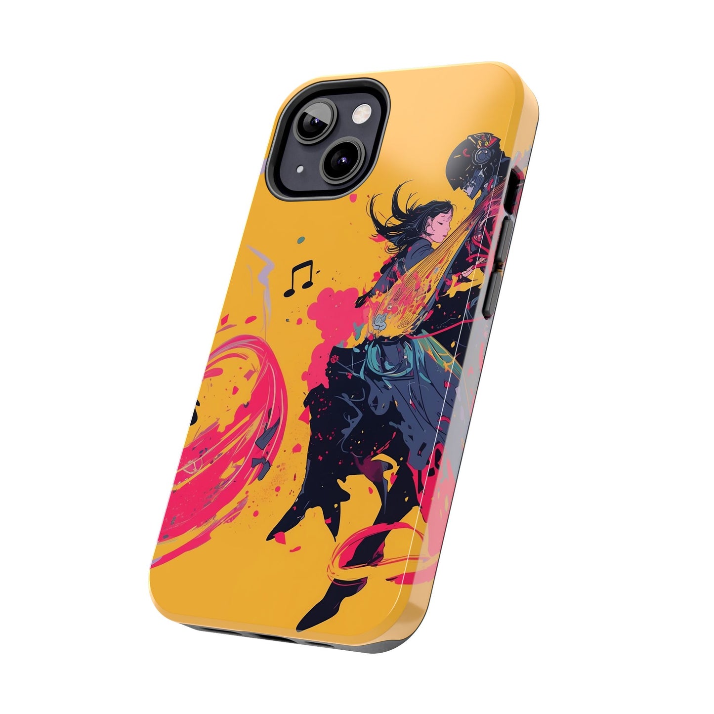 Japan designed music warrior phone case dynamic art perfect kids gift vivid yellow background cool splatter effects anime warrior vibrant musical notes colorful creative phone cover ideal for young music fans