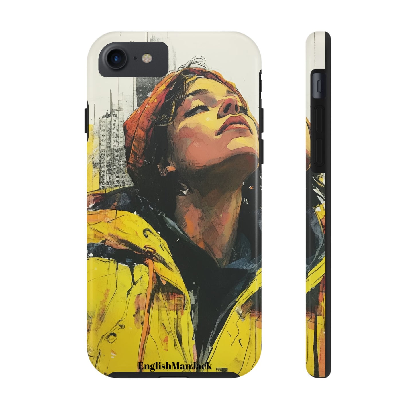 Urban style phone case young dreamer design perfect youth gift vibrant yellow jacket artistic city background inspirational street art cover modern urban explorer great for young adults trendy city life phone case emotional portrait cover