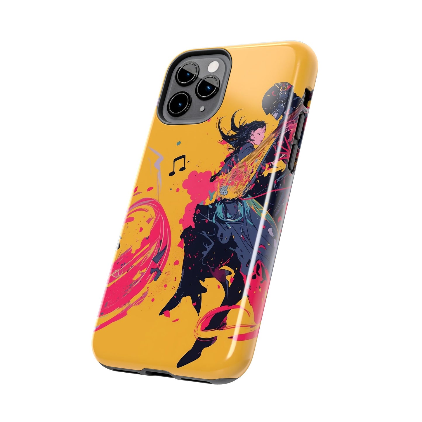 Japan designed music warrior phone case dynamic art perfect kids gift vivid yellow background cool splatter effects anime warrior vibrant musical notes colorful creative phone cover ideal for young music fans