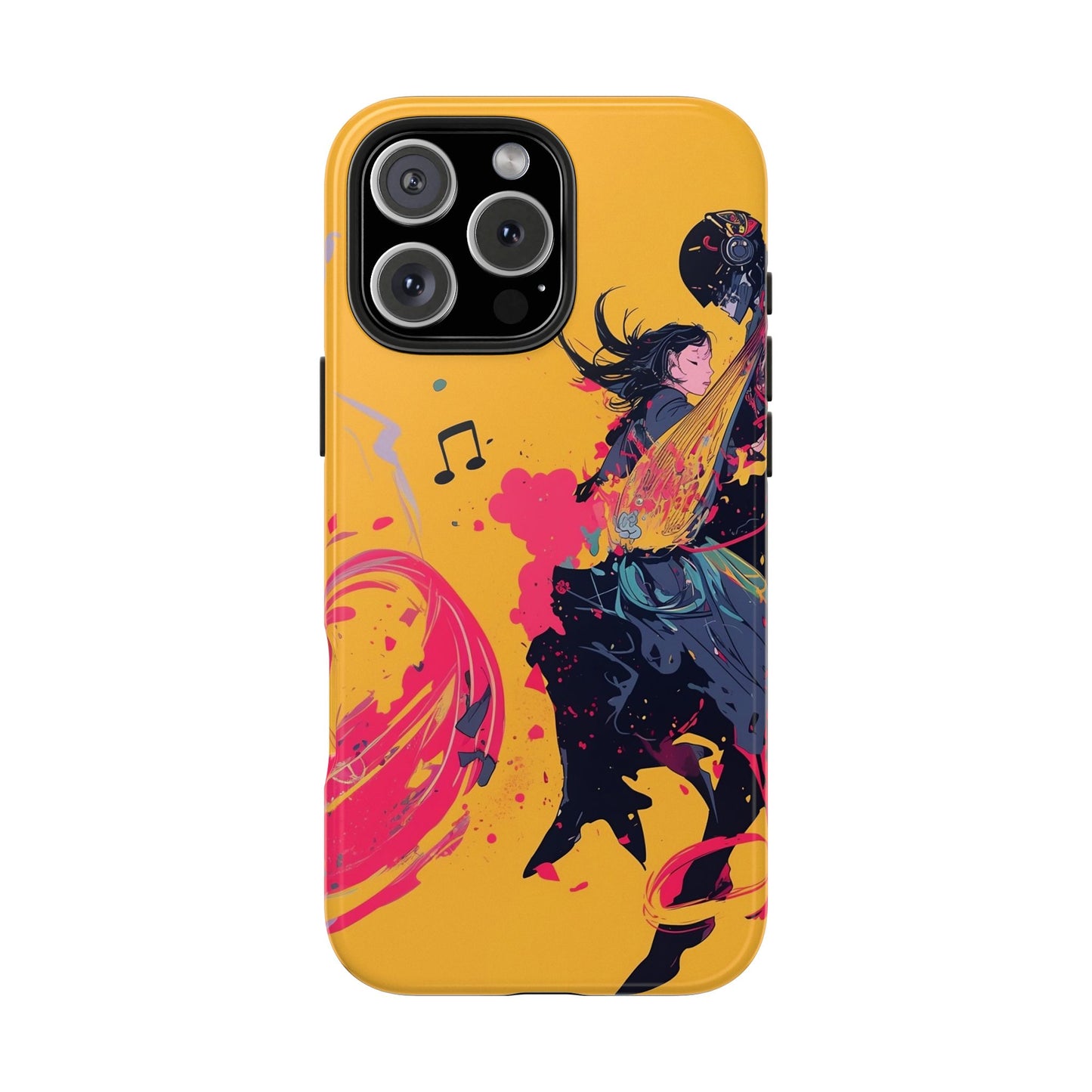 Japan designed music warrior phone case dynamic art perfect kids gift vivid yellow background cool splatter effects anime warrior vibrant musical notes colorful creative phone cover ideal for young music fans