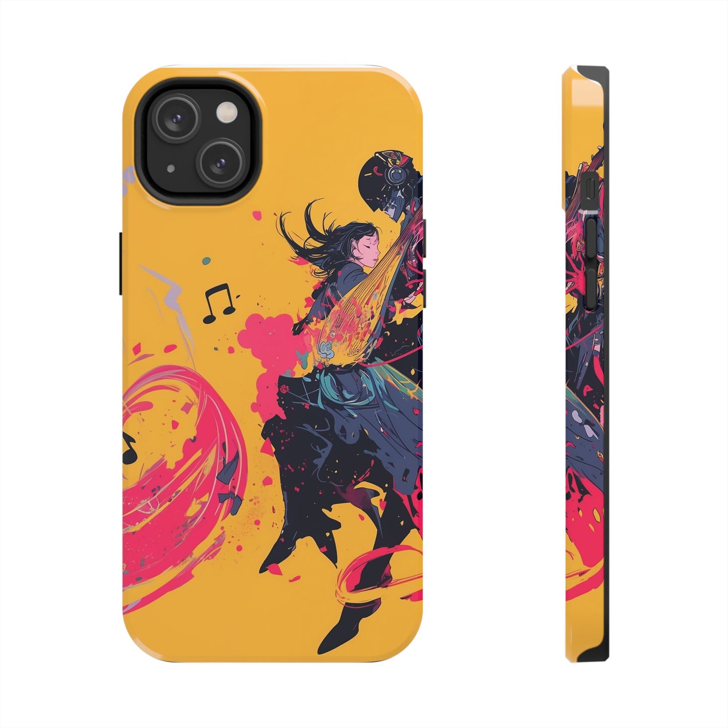 Japan designed music warrior phone case dynamic art perfect kids gift vivid yellow background cool splatter effects anime warrior vibrant musical notes colorful creative phone cover ideal for young music fans