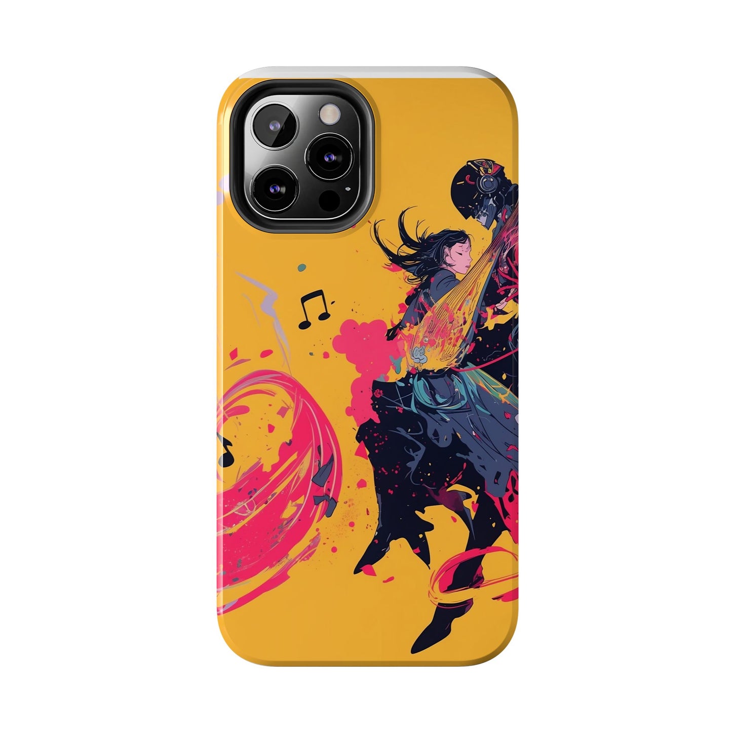 Japan designed music warrior phone case dynamic art perfect kids gift vivid yellow background cool splatter effects anime warrior vibrant musical notes colorful creative phone cover ideal for young music fans