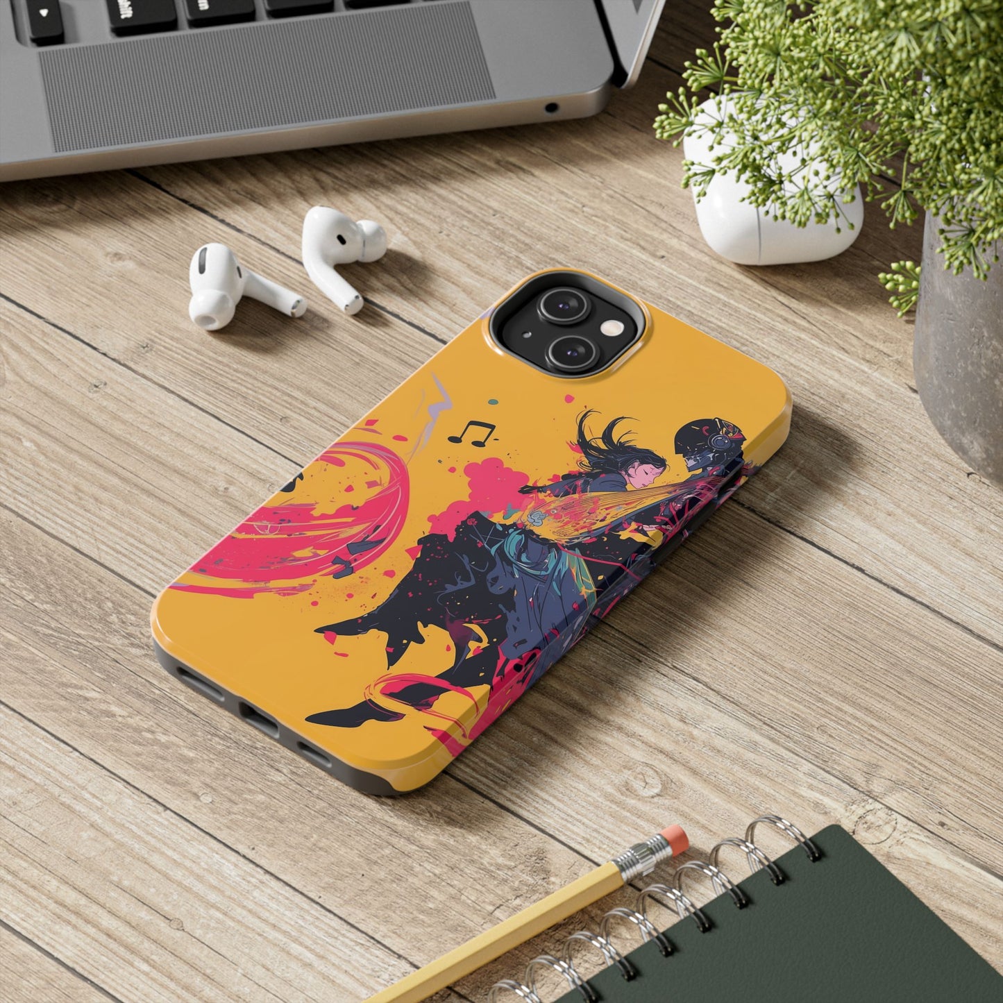 Japan designed music warrior phone case dynamic art perfect kids gift vivid yellow background cool splatter effects anime warrior vibrant musical notes colorful creative phone cover ideal for young music fans