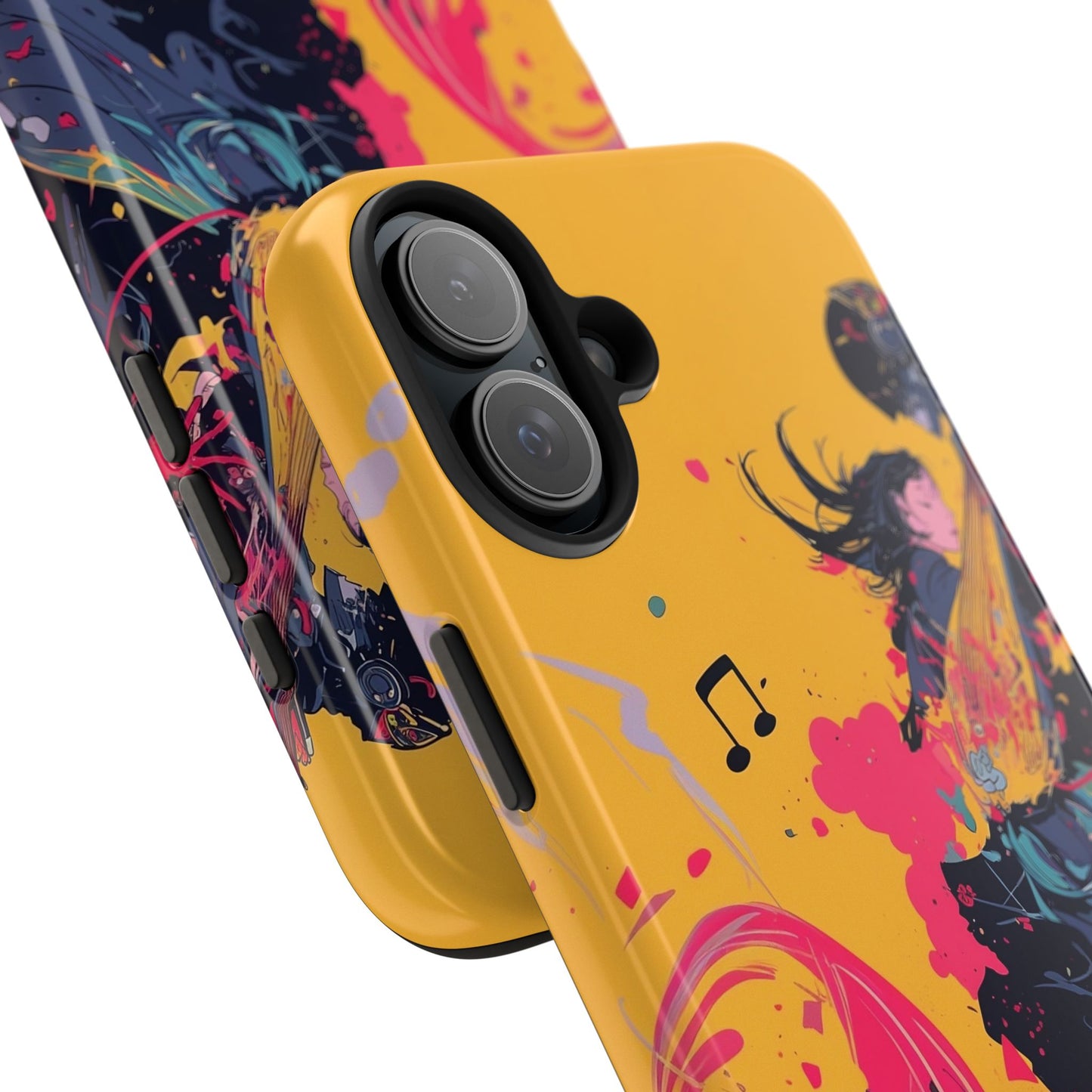 Japan designed music warrior phone case dynamic art perfect kids gift vivid yellow background cool splatter effects anime warrior vibrant musical notes colorful creative phone cover ideal for young music fans