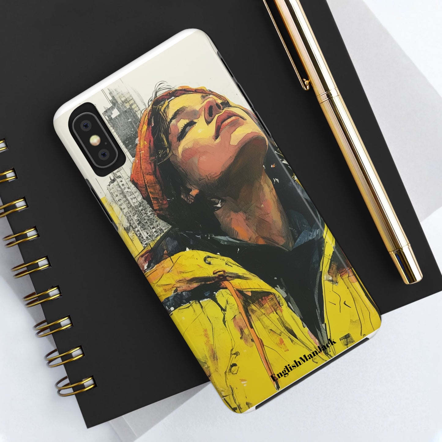 Urban style phone case young dreamer design perfect youth gift vibrant yellow jacket artistic city background inspirational street art cover modern urban explorer great for young adults trendy city life phone case emotional portrait cover