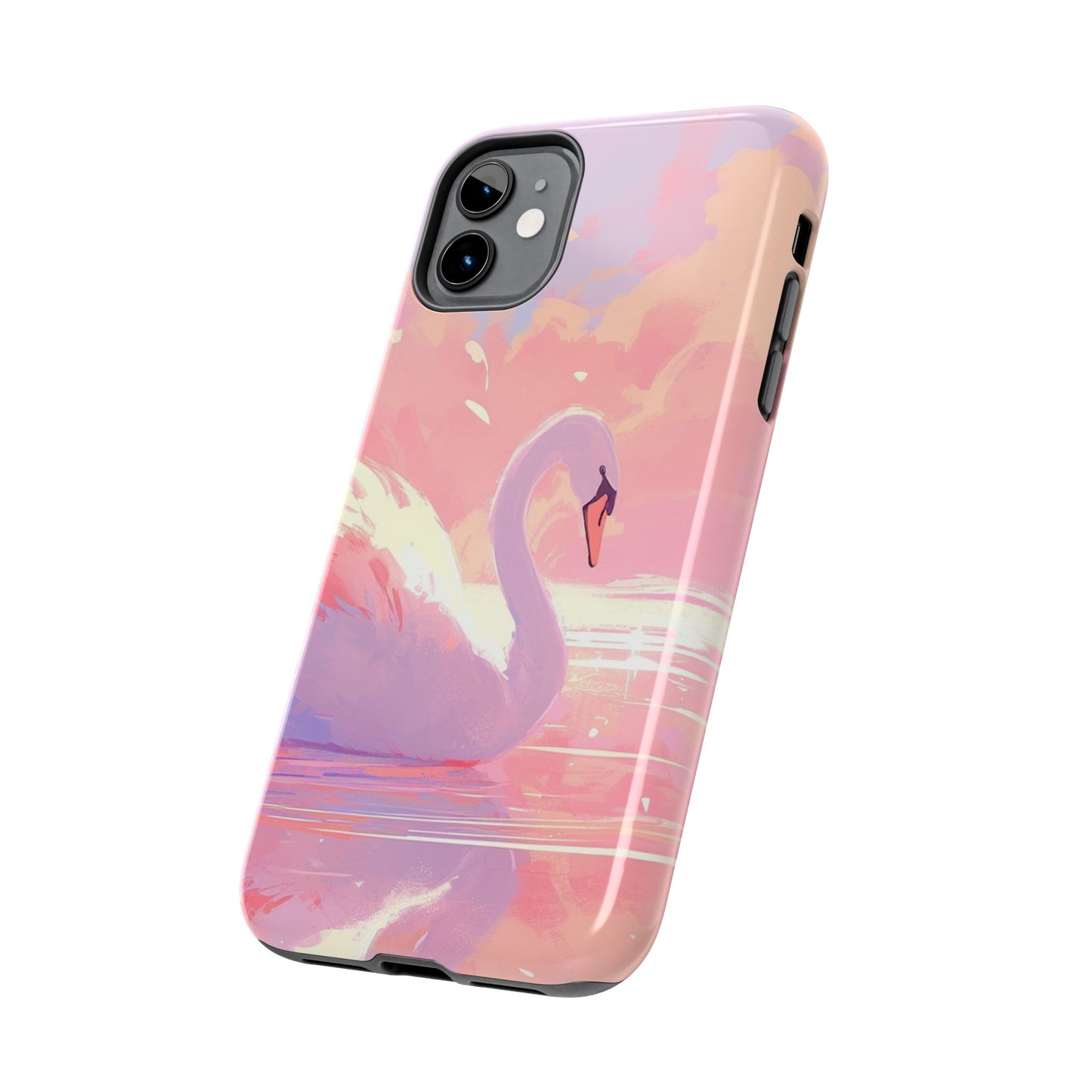 Swan lake phone case perfect kids gift pink swan art dreamy water scene cool animal cover vibrant easy fit colorful swan design smooth reflection unique protector peaceful lake image perfect children's gift vibrant art cover gift for kids easy phone case