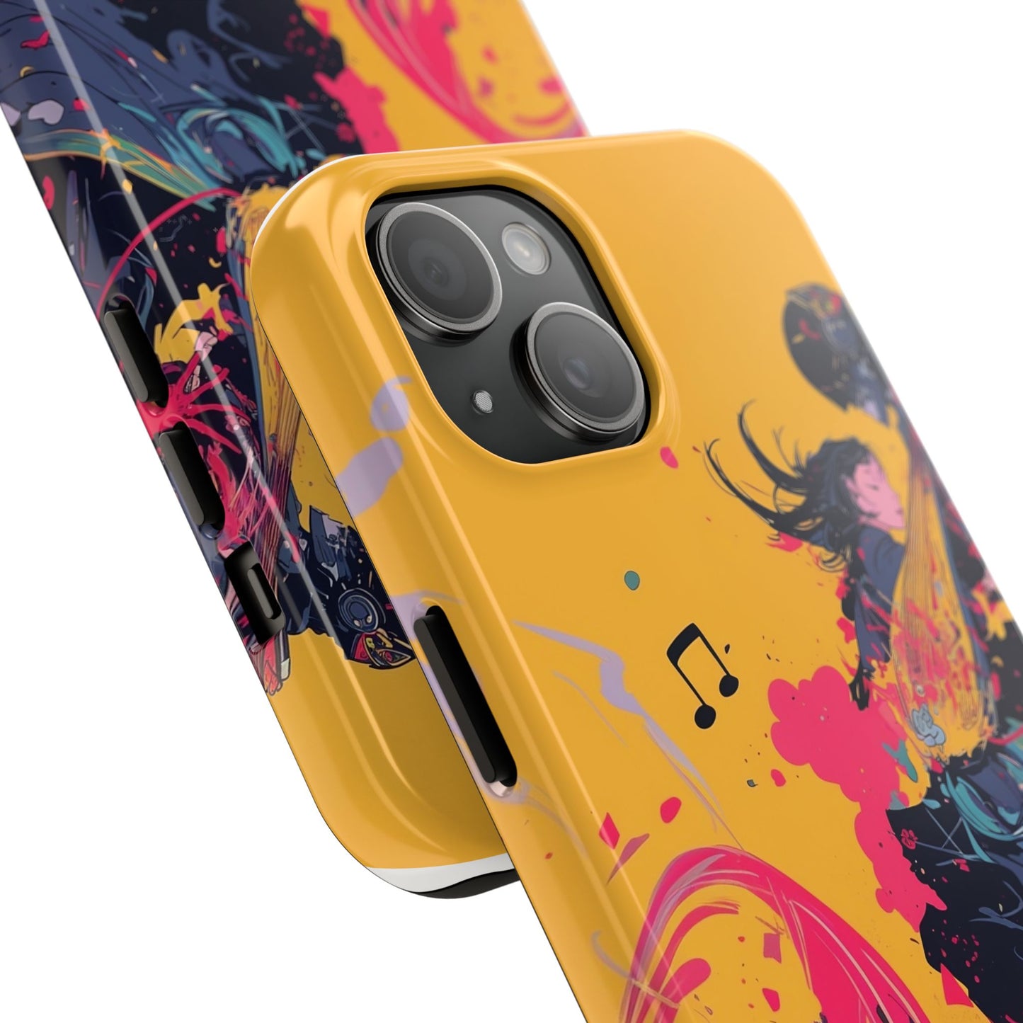 Japan designed music warrior phone case dynamic art perfect kids gift vivid yellow background cool splatter effects anime warrior vibrant musical notes colorful creative phone cover ideal for young music fans