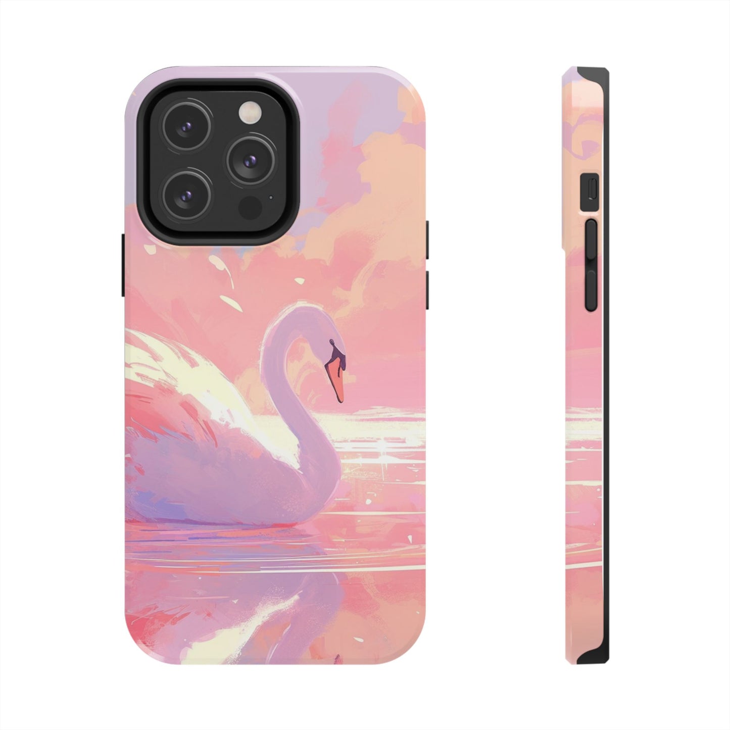 Swan lake phone case perfect kids gift pink swan art dreamy water scene cool animal cover vibrant easy fit colorful swan design smooth reflection unique protector peaceful lake image perfect children's gift vibrant art cover gift for kids easy phone case