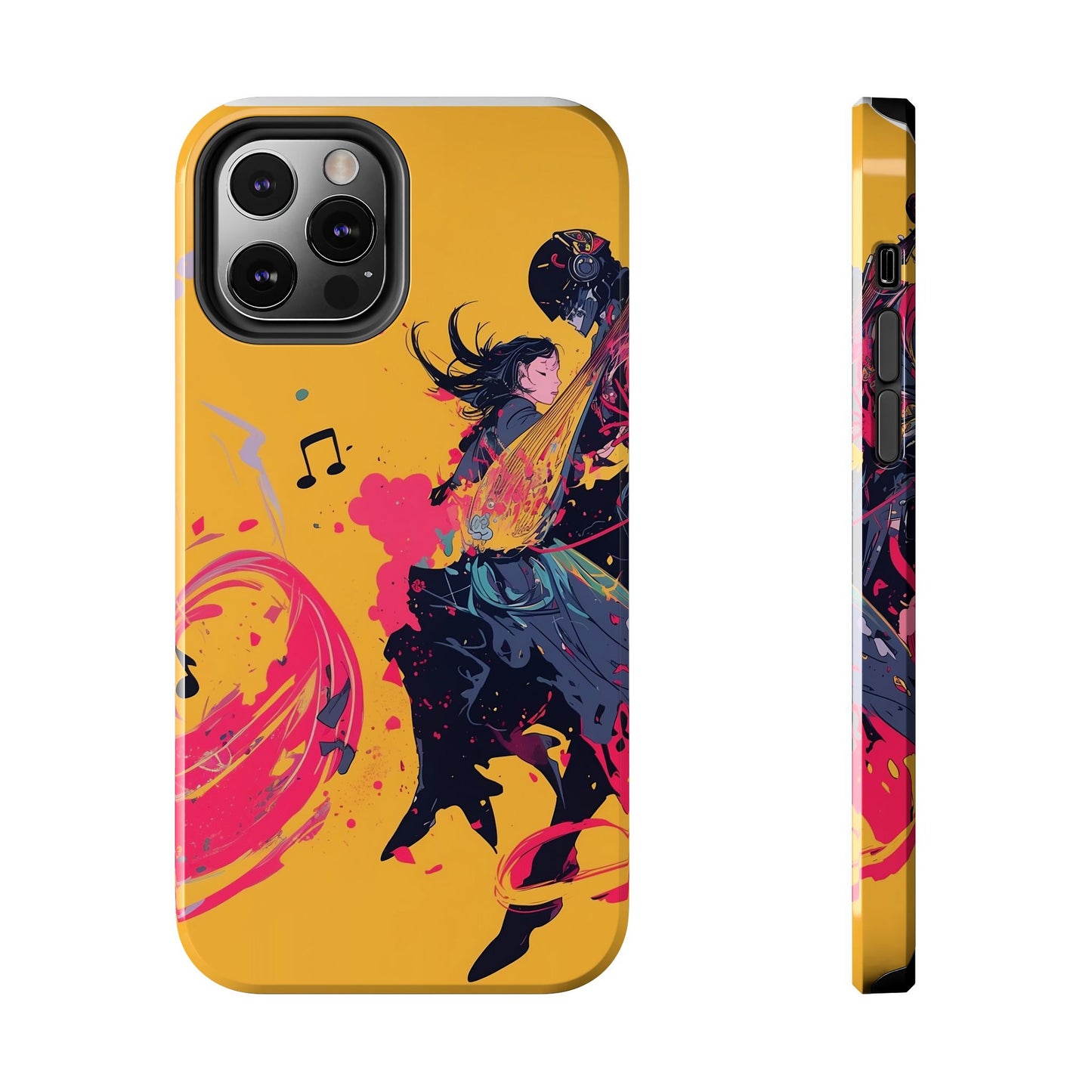 Japan designed music warrior phone case dynamic art perfect kids gift vivid yellow background cool splatter effects anime warrior vibrant musical notes colorful creative phone cover ideal for young music fans