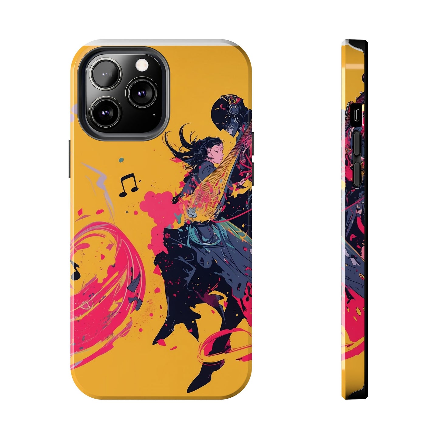 Japan designed music warrior phone case dynamic art perfect kids gift vivid yellow background cool splatter effects anime warrior vibrant musical notes colorful creative phone cover ideal for young music fans