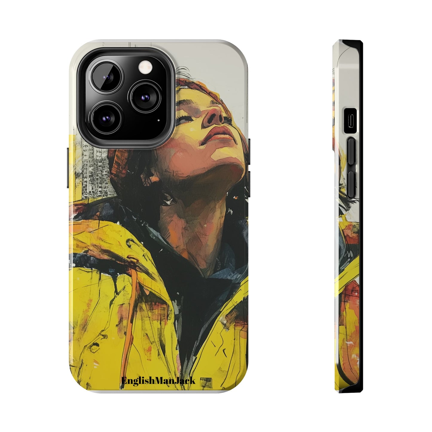 Urban style phone case young dreamer design perfect youth gift vibrant yellow jacket artistic city background inspirational street art cover modern urban explorer great for young adults trendy city life phone case emotional portrait cover