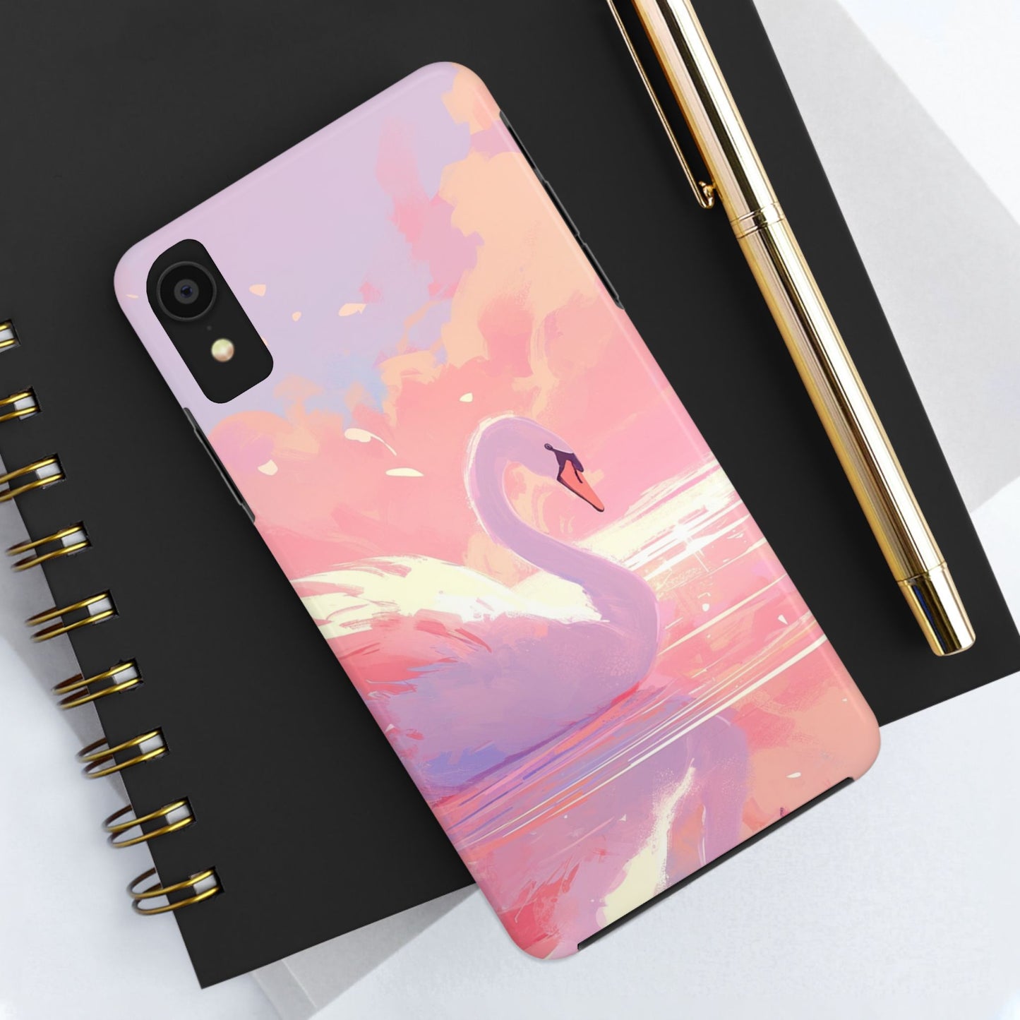 Swan lake phone case perfect kids gift pink swan art dreamy water scene cool animal cover vibrant easy fit colorful swan design smooth reflection unique protector peaceful lake image perfect children's gift vibrant art cover gift for kids easy phone case