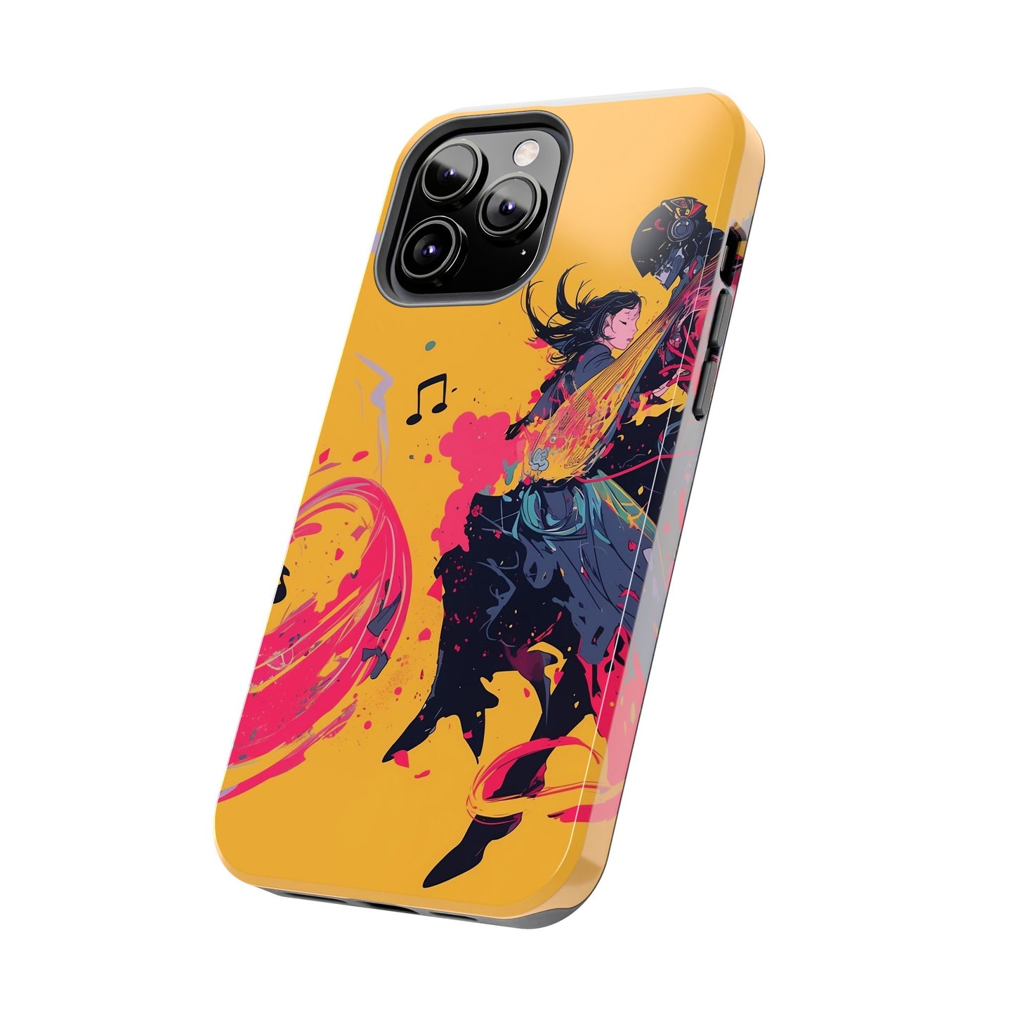 Japan designed music warrior phone case dynamic art perfect kids gift vivid yellow background cool splatter effects anime warrior vibrant musical notes colorful creative phone cover ideal for young music fans