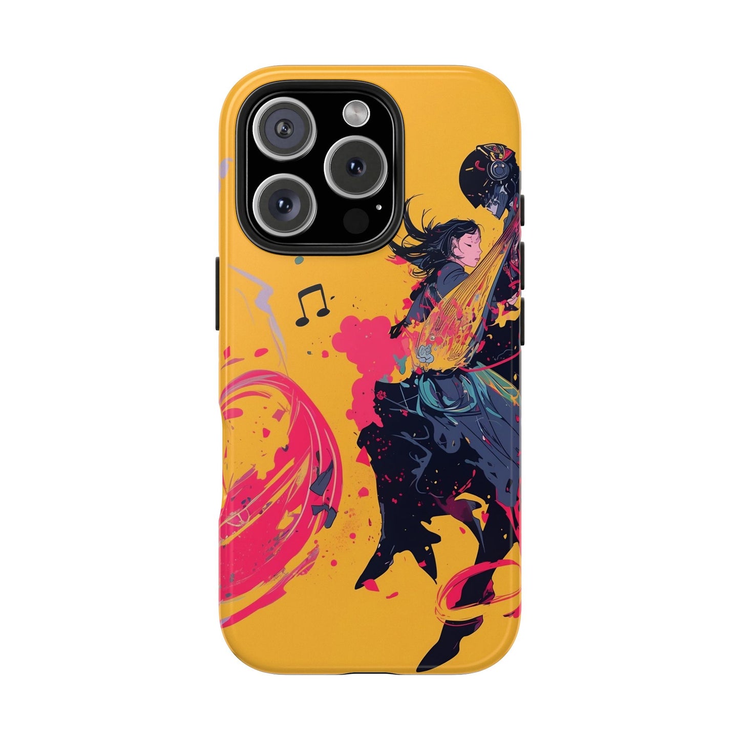 Japan designed music warrior phone case dynamic art perfect kids gift vivid yellow background cool splatter effects anime warrior vibrant musical notes colorful creative phone cover ideal for young music fans