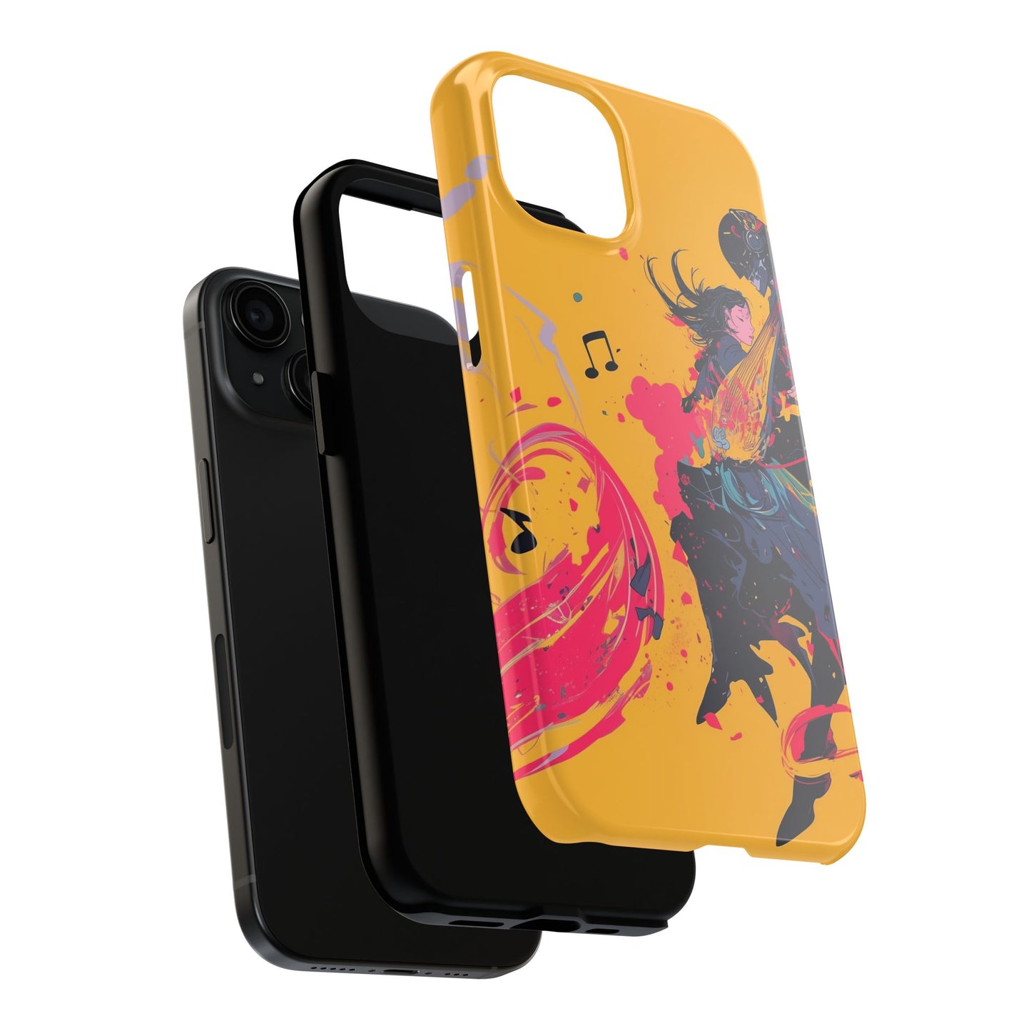 Japan designed music warrior phone case dynamic art perfect kids gift vivid yellow background cool splatter effects anime warrior vibrant musical notes colorful creative phone cover ideal for young music fans