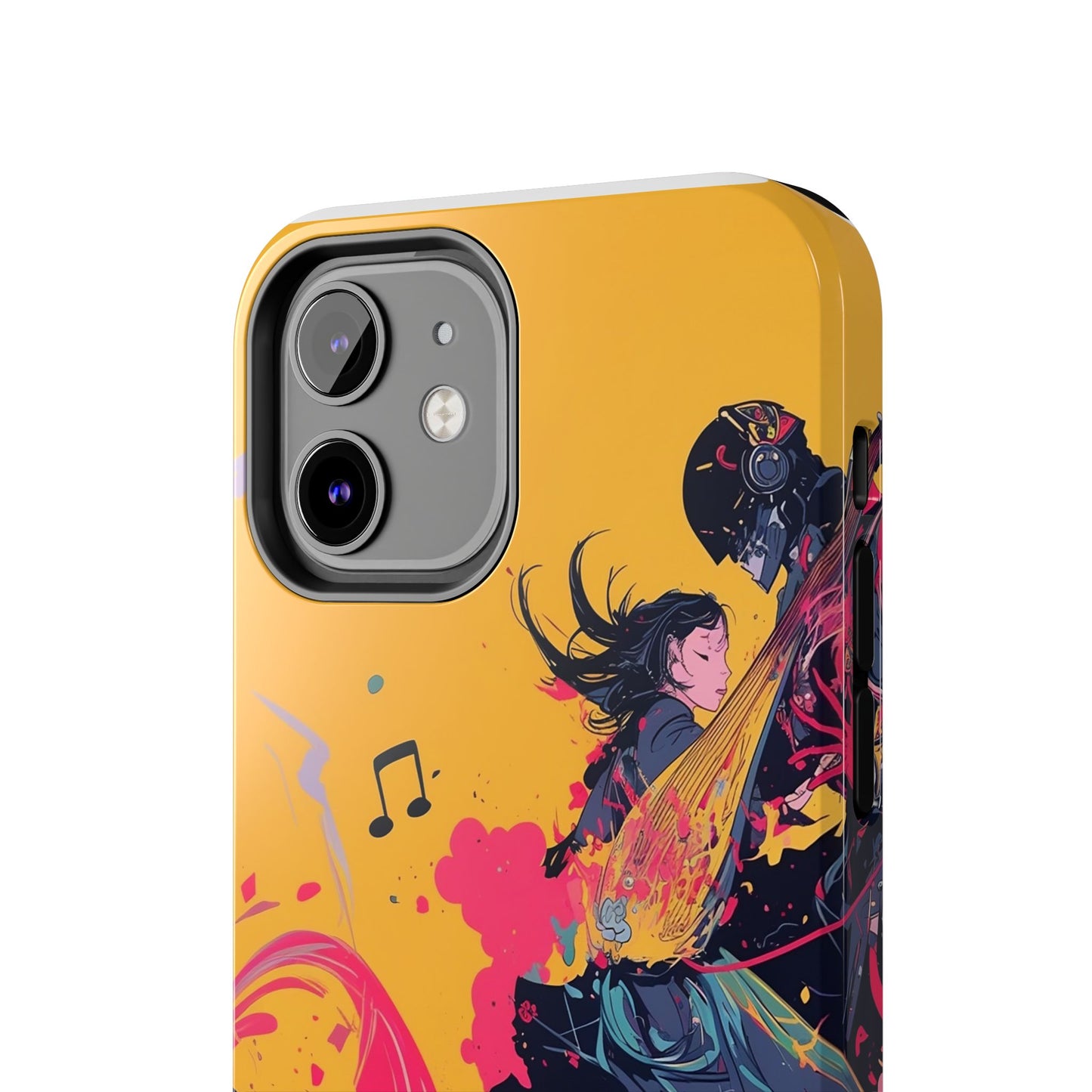 Japan designed music warrior phone case dynamic art perfect kids gift vivid yellow background cool splatter effects anime warrior vibrant musical notes colorful creative phone cover ideal for young music fans