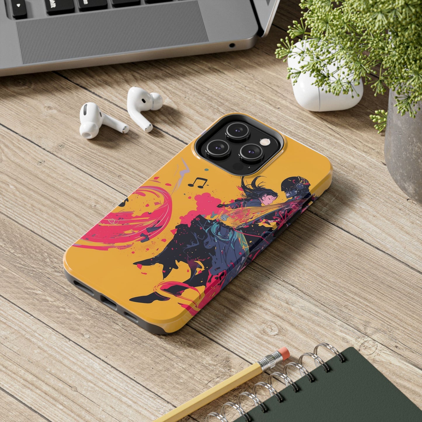 Japan designed music warrior phone case dynamic art perfect kids gift vivid yellow background cool splatter effects anime warrior vibrant musical notes colorful creative phone cover ideal for young music fans