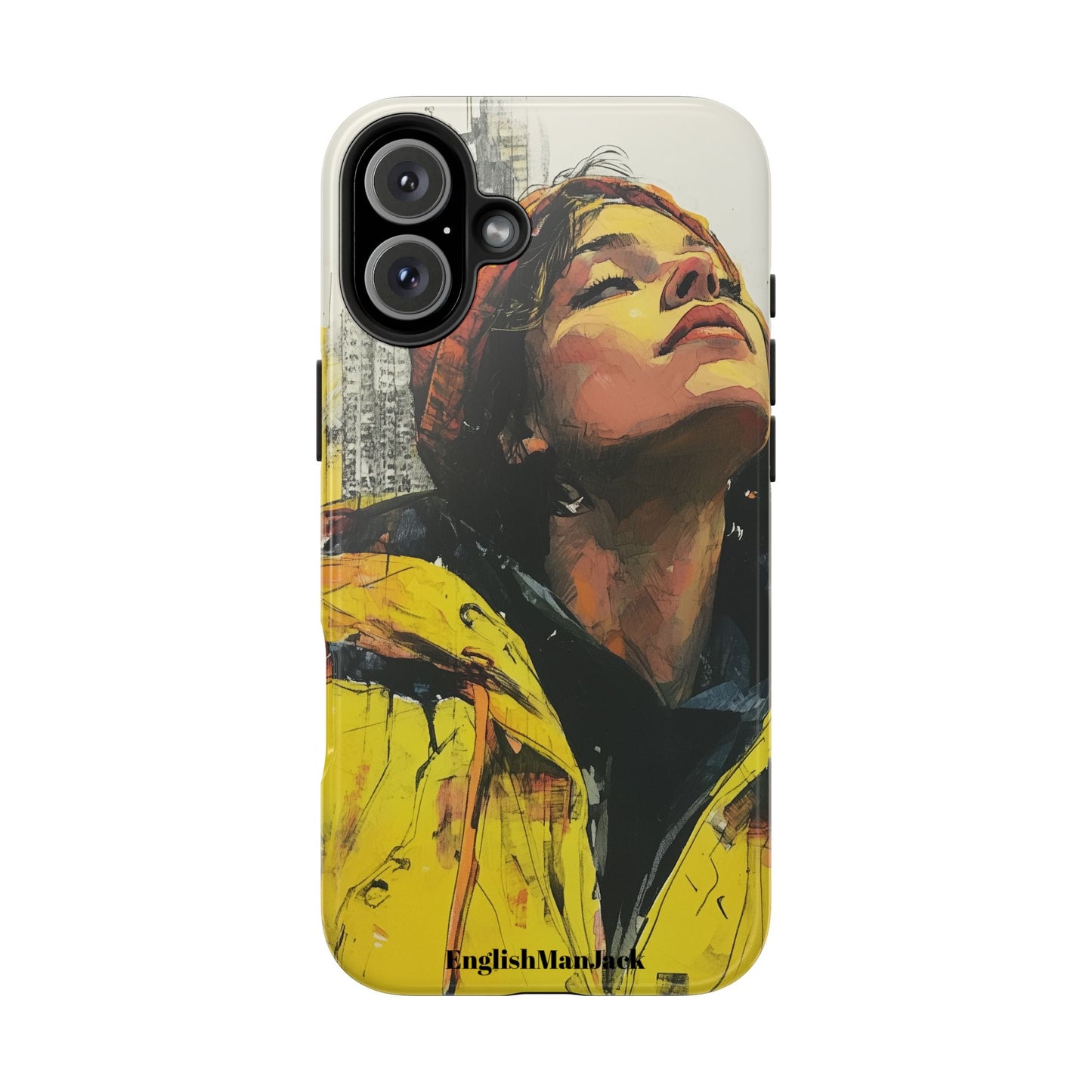 Urban style phone case young dreamer design perfect youth gift vibrant yellow jacket artistic city background inspirational street art cover modern urban explorer great for young adults trendy city life phone case emotional portrait cover