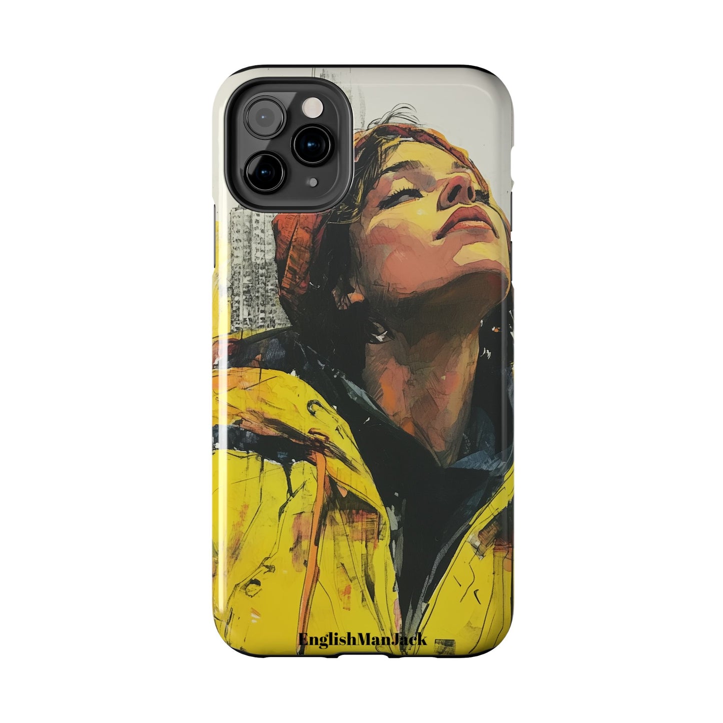 Urban style phone case young dreamer design perfect youth gift vibrant yellow jacket artistic city background inspirational street art cover modern urban explorer great for young adults trendy city life phone case emotional portrait cover