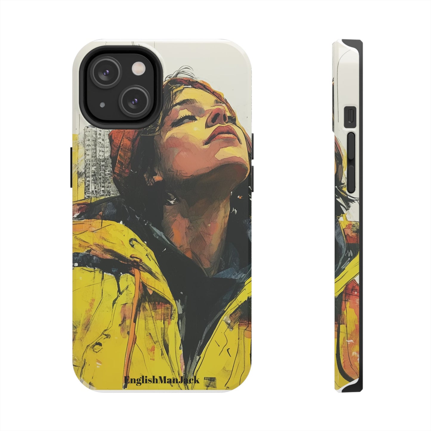 Urban style phone case young dreamer design perfect youth gift vibrant yellow jacket artistic city background inspirational street art cover modern urban explorer great for young adults trendy city life phone case emotional portrait cover