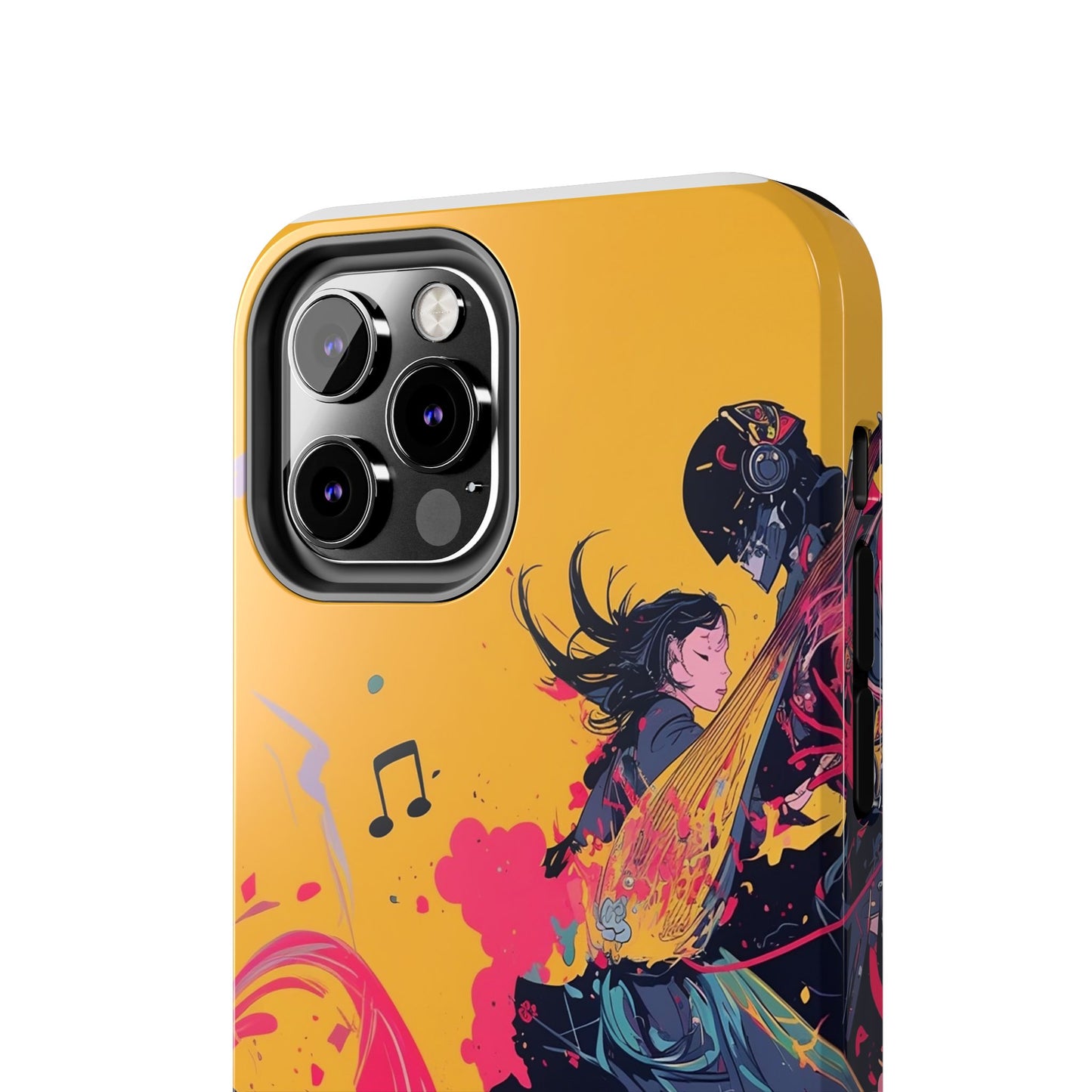 Japan designed music warrior phone case dynamic art perfect kids gift vivid yellow background cool splatter effects anime warrior vibrant musical notes colorful creative phone cover ideal for young music fans