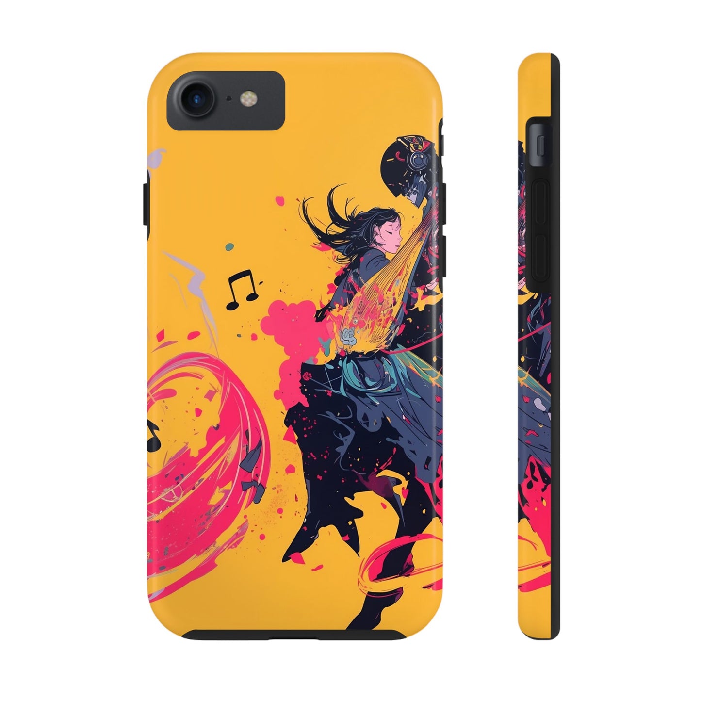 Japan designed music warrior phone case dynamic art perfect kids gift vivid yellow background cool splatter effects anime warrior vibrant musical notes colorful creative phone cover ideal for young music fans