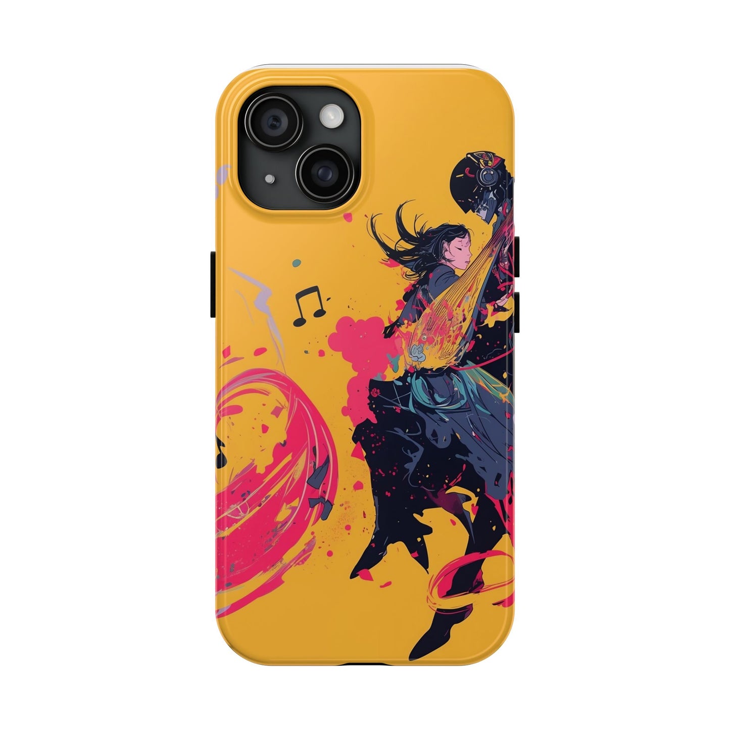 Japan designed music warrior phone case dynamic art perfect kids gift vivid yellow background cool splatter effects anime warrior vibrant musical notes colorful creative phone cover ideal for young music fans