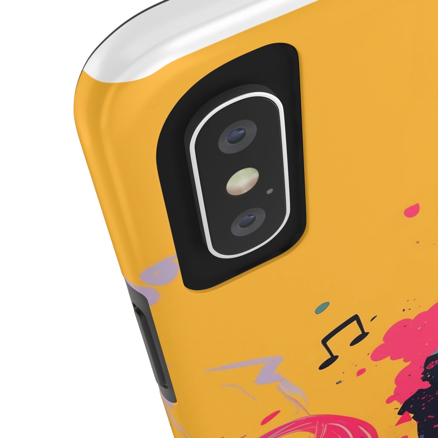 Japan designed music warrior phone case dynamic art perfect kids gift vivid yellow background cool splatter effects anime warrior vibrant musical notes colorful creative phone cover ideal for young music fans