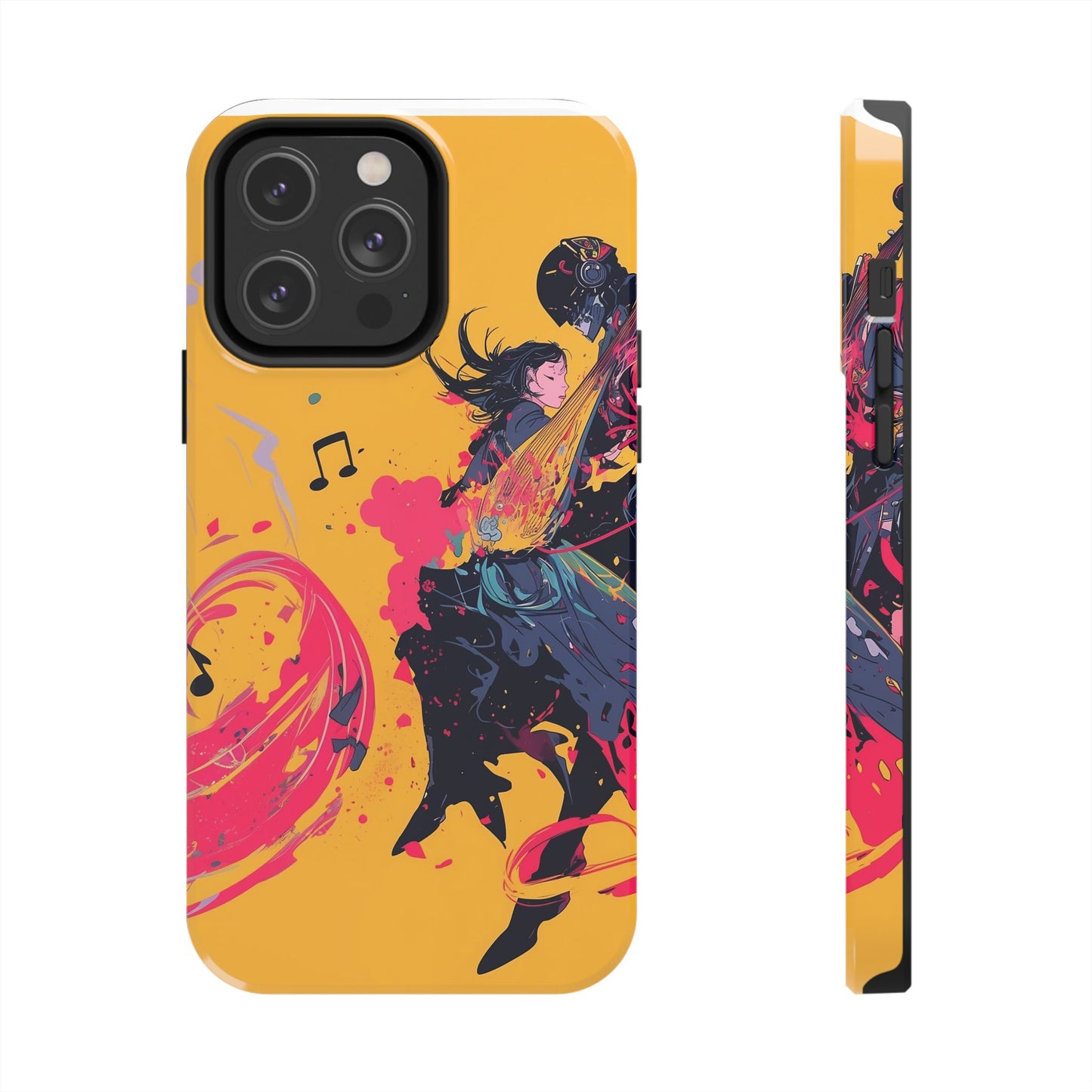 Japan designed music warrior phone case dynamic art perfect kids gift vivid yellow background cool splatter effects anime warrior vibrant musical notes colorful creative phone cover ideal for young music fans