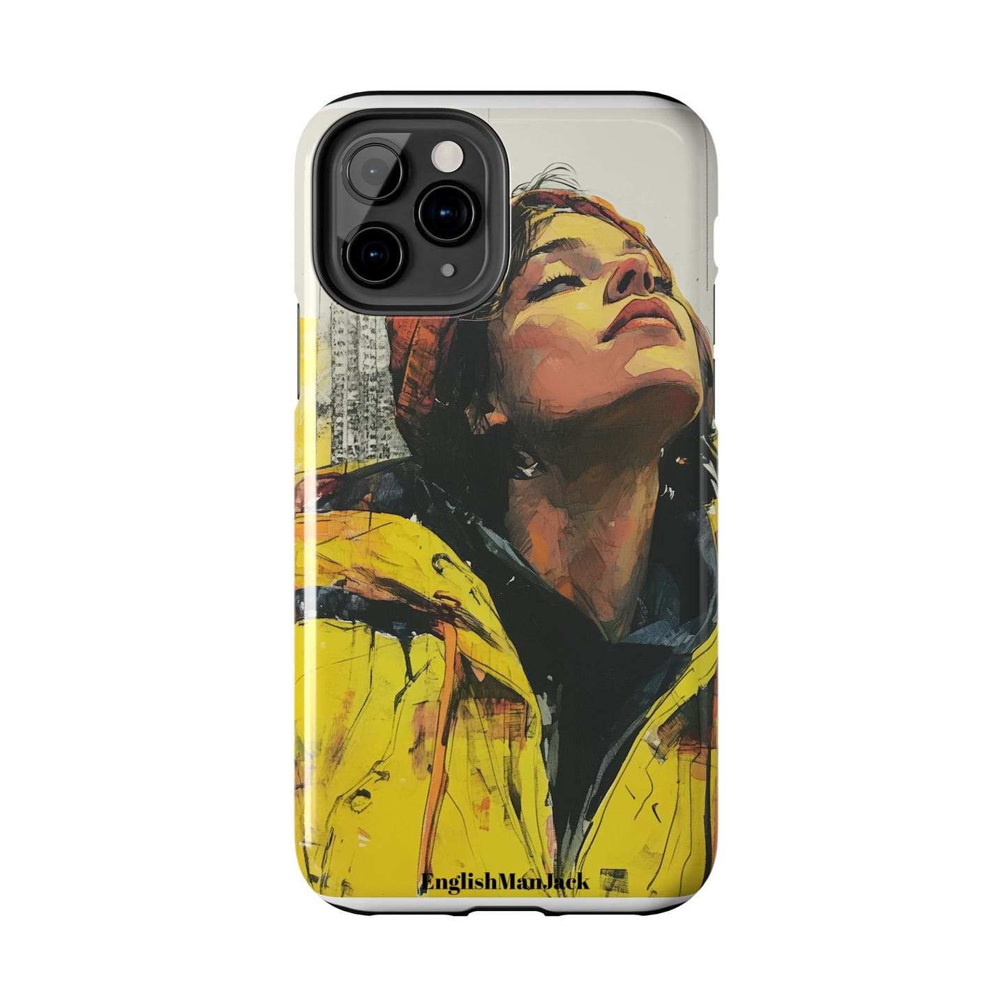 Urban style phone case young dreamer design perfect youth gift vibrant yellow jacket artistic city background inspirational street art cover modern urban explorer great for young adults trendy city life phone case emotional portrait cover