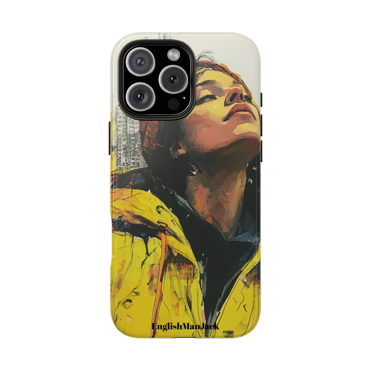 Urban style phone case young dreamer design perfect youth gift vibrant yellow jacket artistic city background inspirational street art cover modern urban explorer great for young adults trendy city life phone case emotional portrait cover