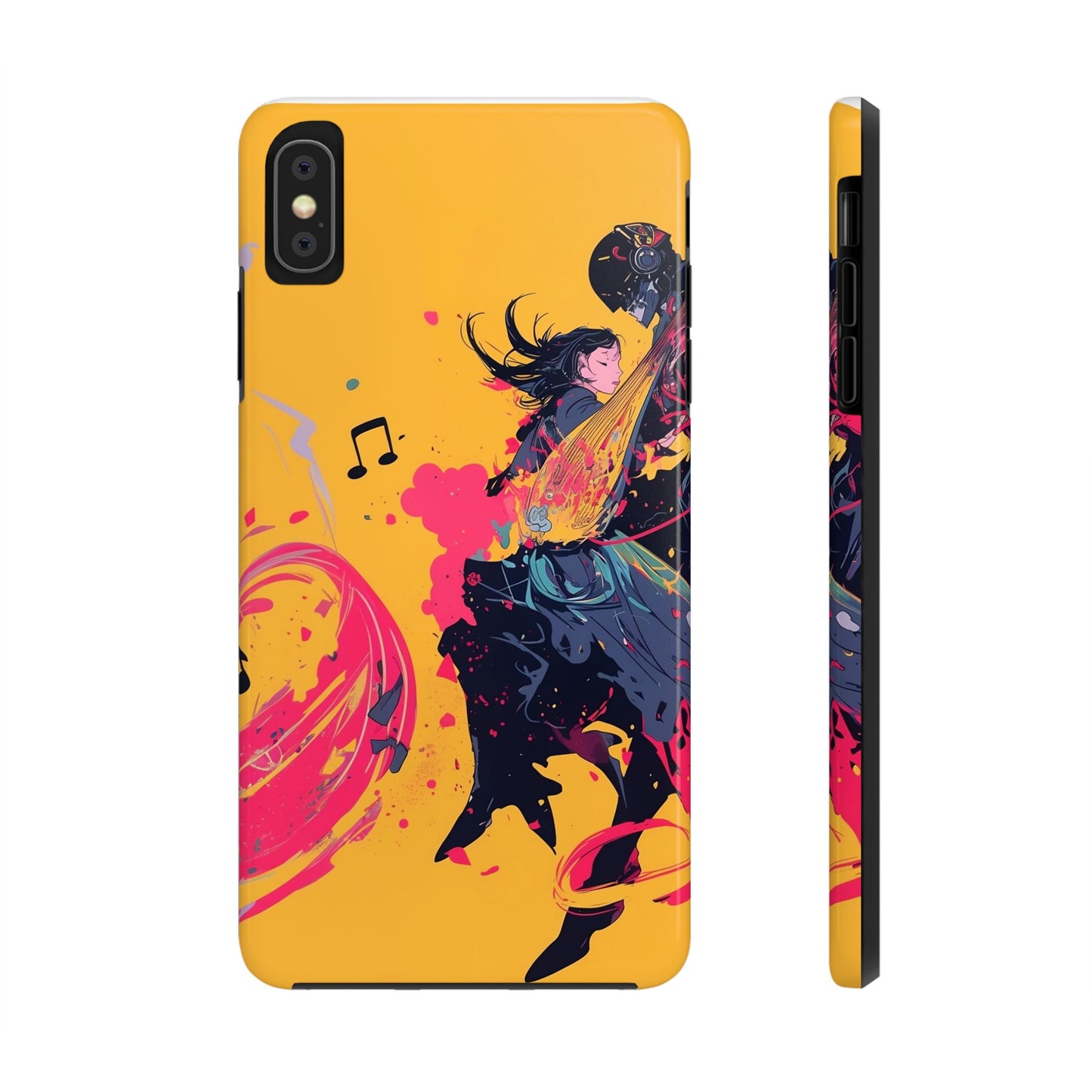 Japan designed music warrior phone case dynamic art perfect kids gift vivid yellow background cool splatter effects anime warrior vibrant musical notes colorful creative phone cover ideal for young music fans