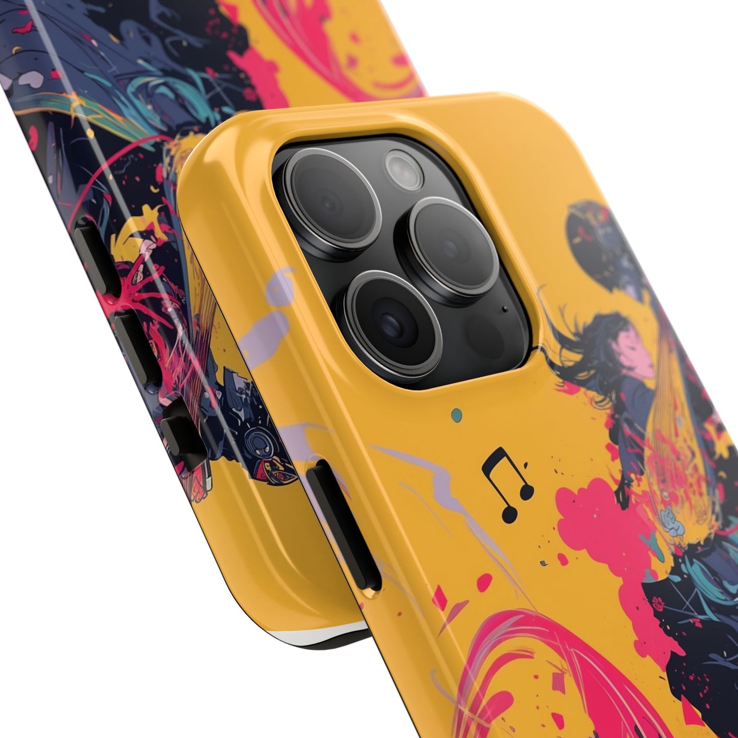 Japan designed music warrior phone case dynamic art perfect kids gift vivid yellow background cool splatter effects anime warrior vibrant musical notes colorful creative phone cover ideal for young music fans